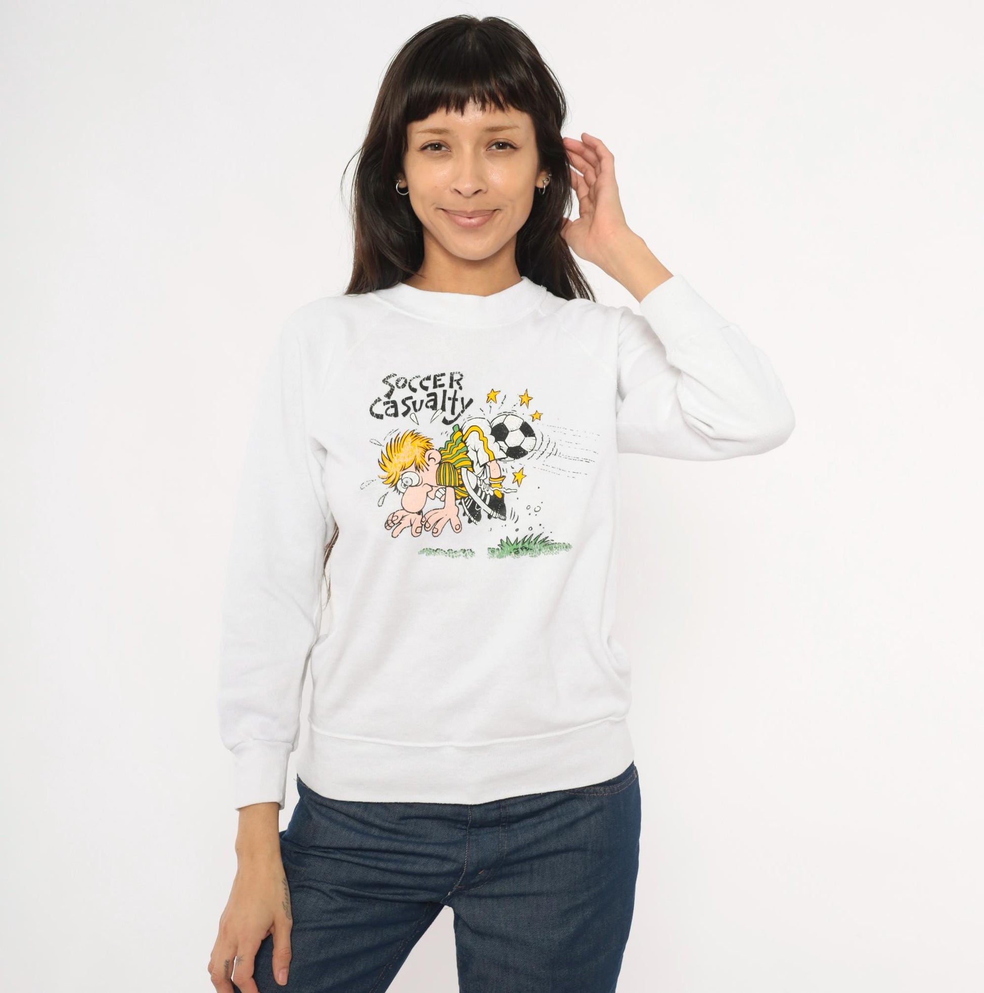 90s Soccer Casualty Cartoon Graphic Raglan Sweatshirt White Cotton Extra Small XS