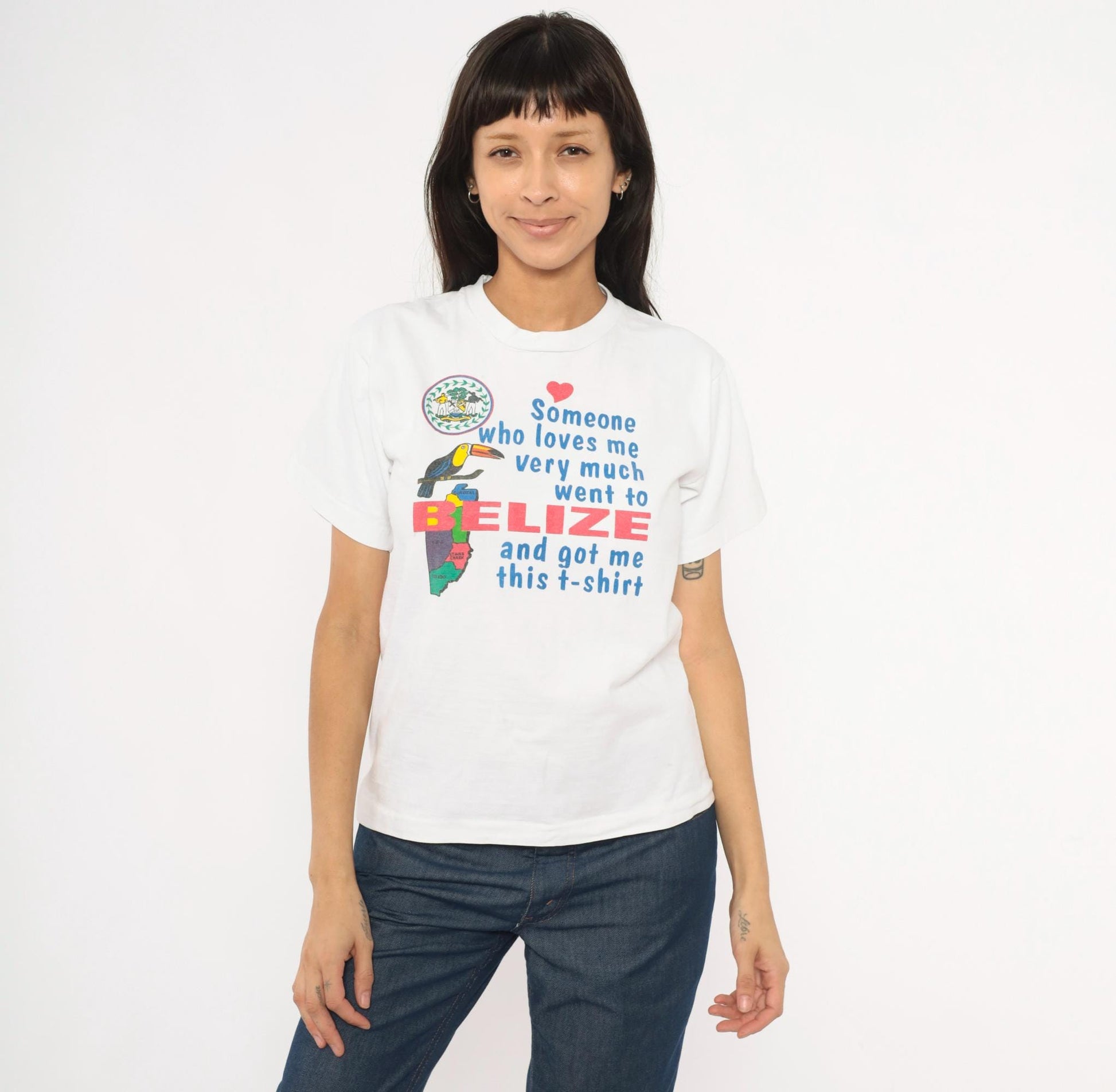 Y2K Belize Souvenir Tee Toucan Graphic White Cotton Small S