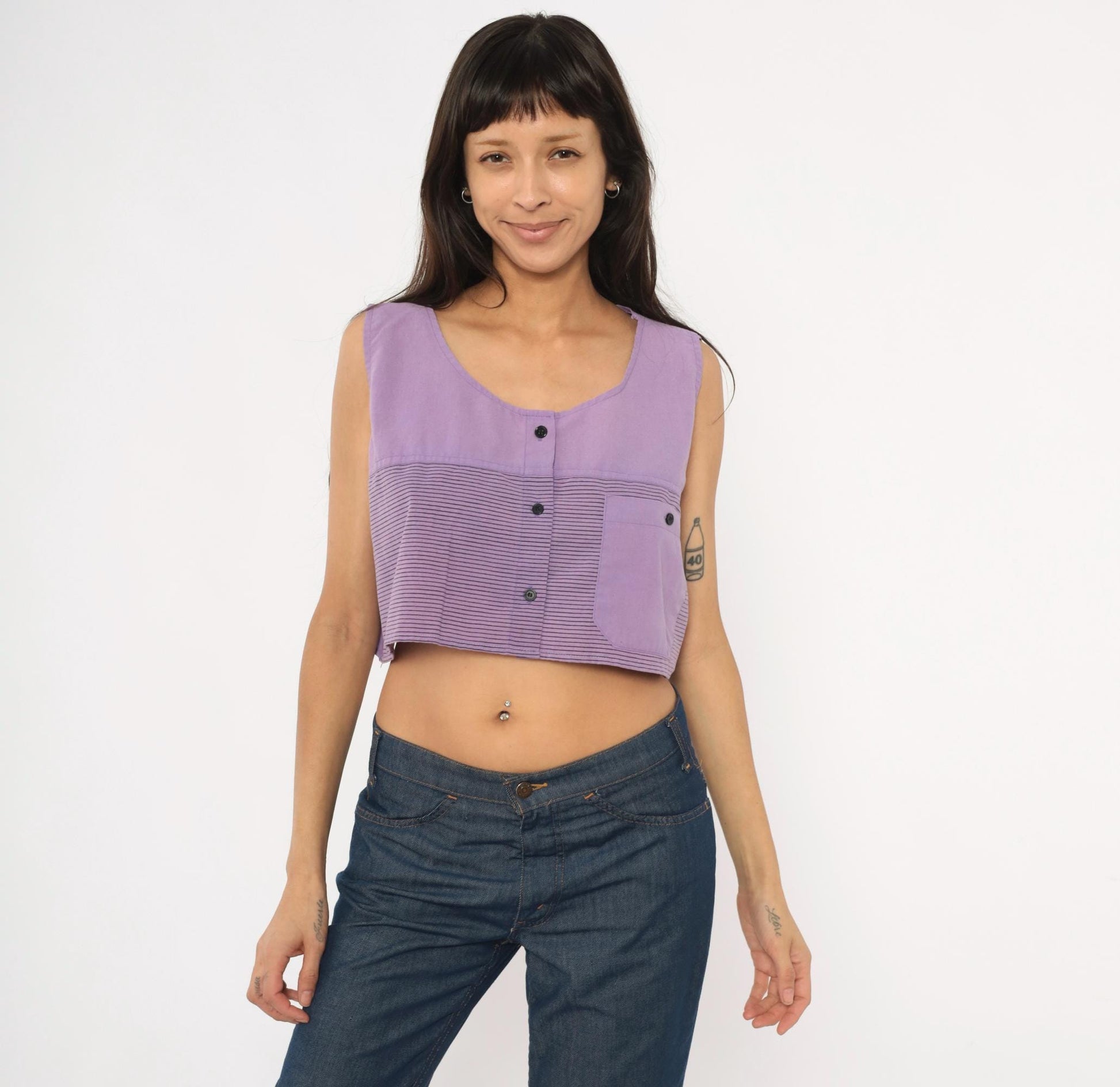 90s Award Winning Lilac Crop Top Striped Scoop Neck Sleeveless Extra Large XL