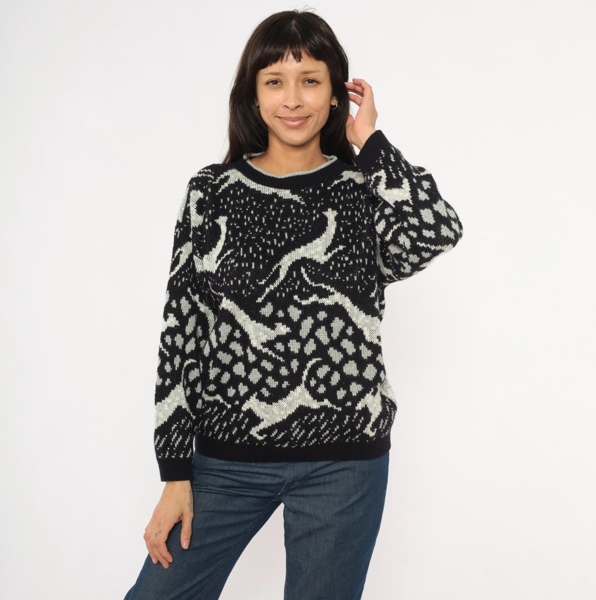 90s Arielle Greyhound Jacquard Knit Sweater Black Ivory Crewneck Large L