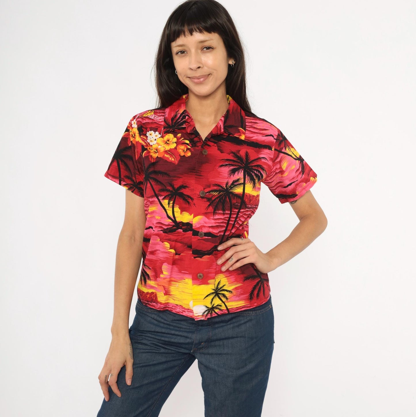90s Palmwave Hawaii Camp Collar Shirt Red Pink Tropical Palm Tree Cotton Medium
