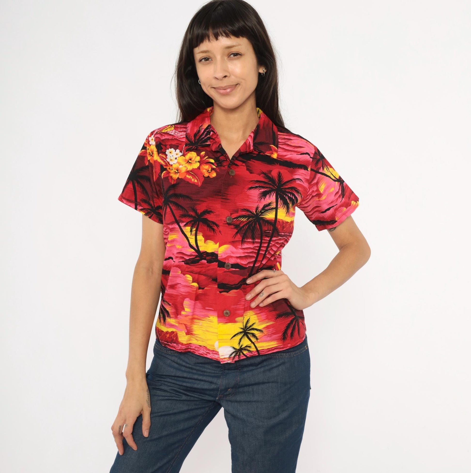 90s Palmwave Hawaii Camp Collar Shirt Red Pink Tropical Palm Tree Cotton Medium