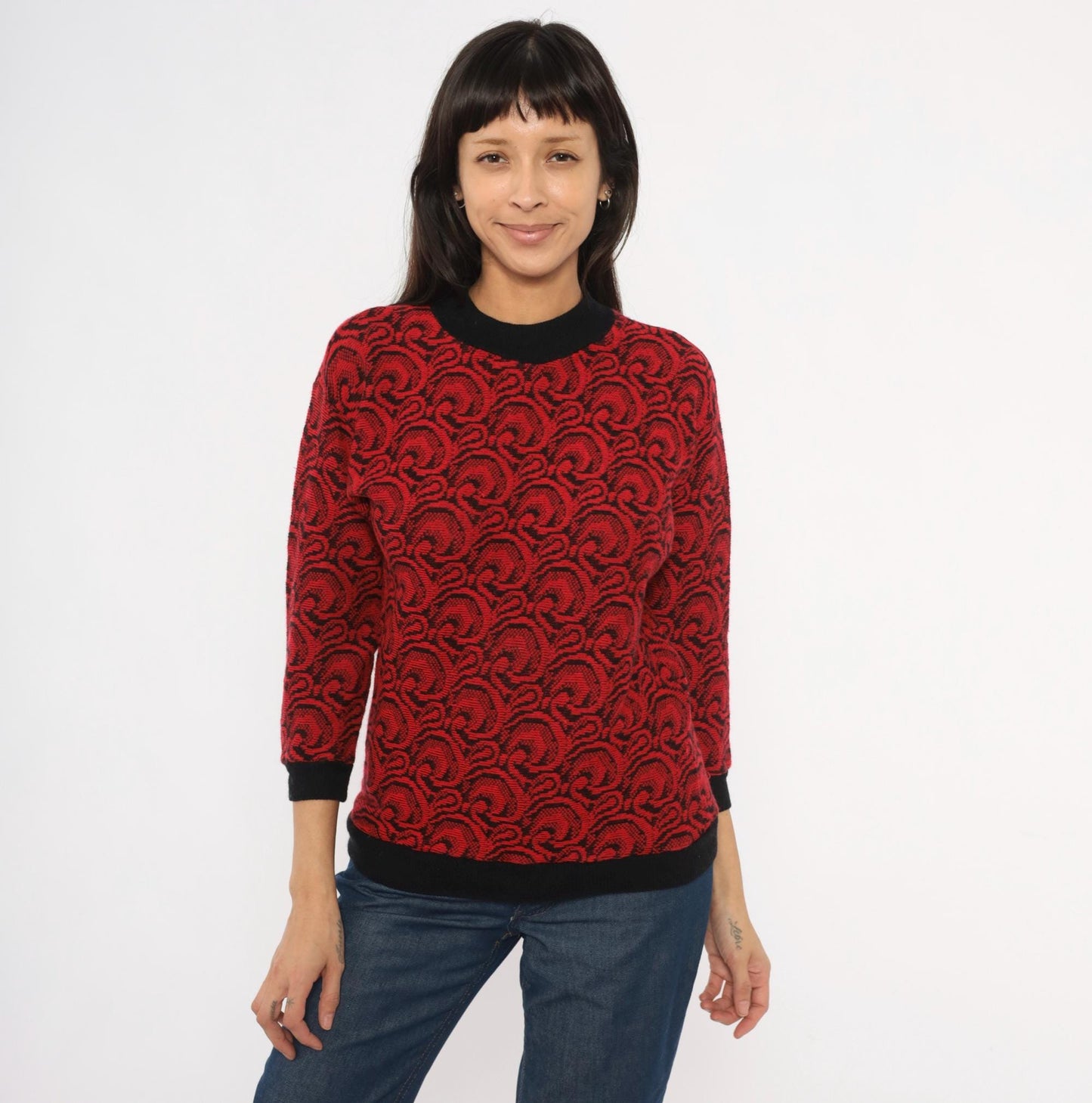 80s Down Side Up Jacquard Swirl Sweater Red Black Crew Neck Extra Small XS