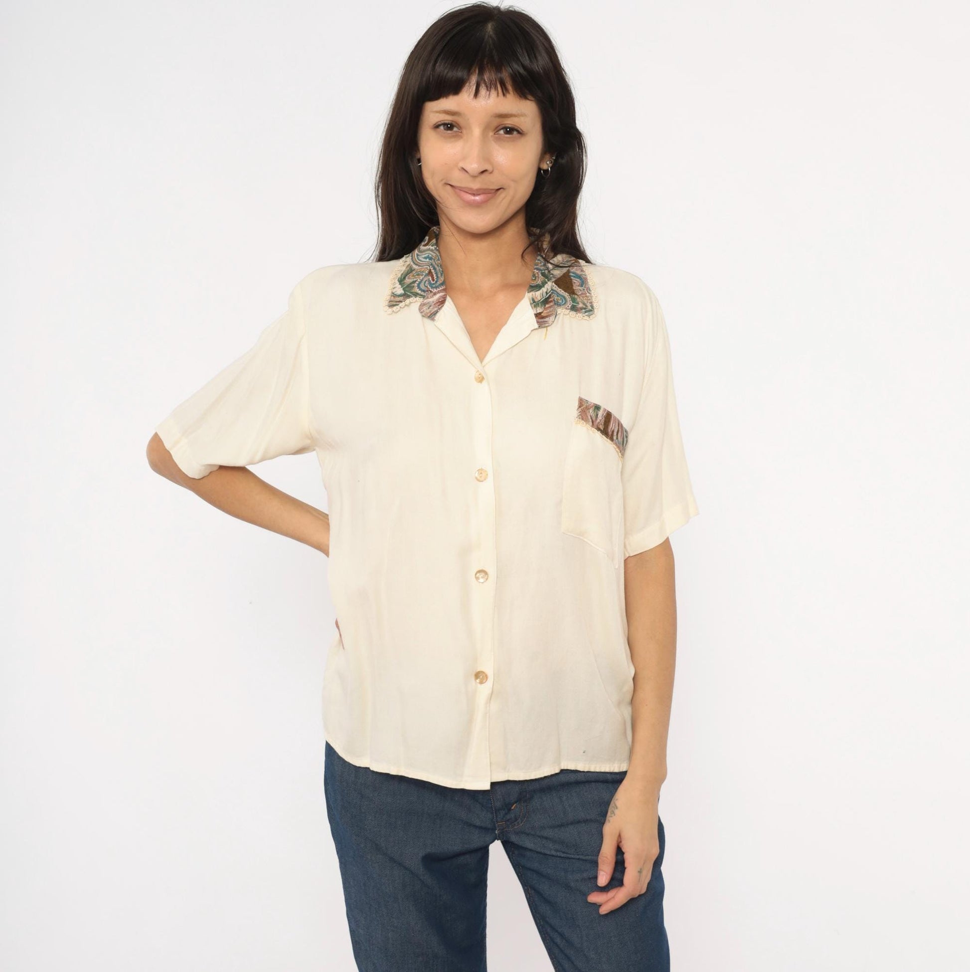 90s Giselle Paisley Collar Blouse Cream Lace Trim Short Sleeve Medium M