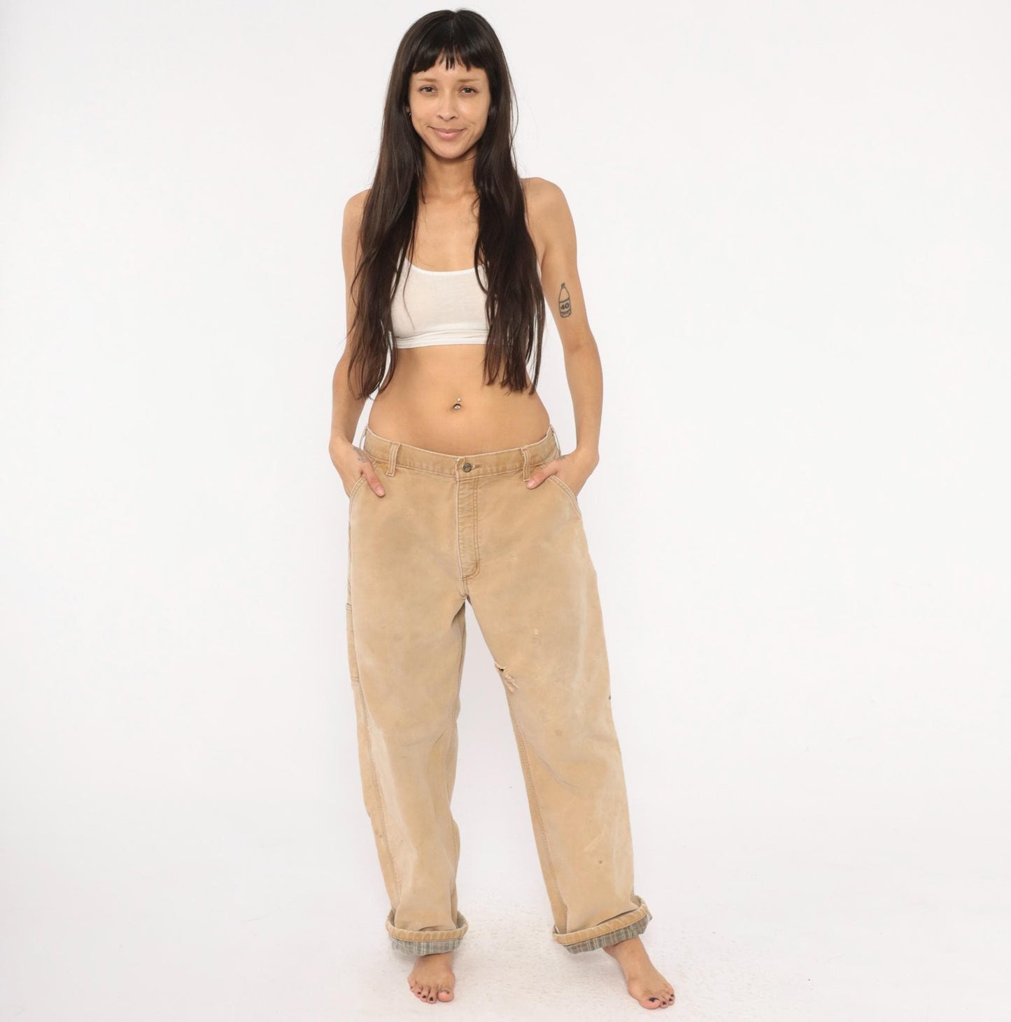 Carhartt Carpenter Pants Flannel Lined Canvas Straight Leg Tan Distressed Extra Large XL