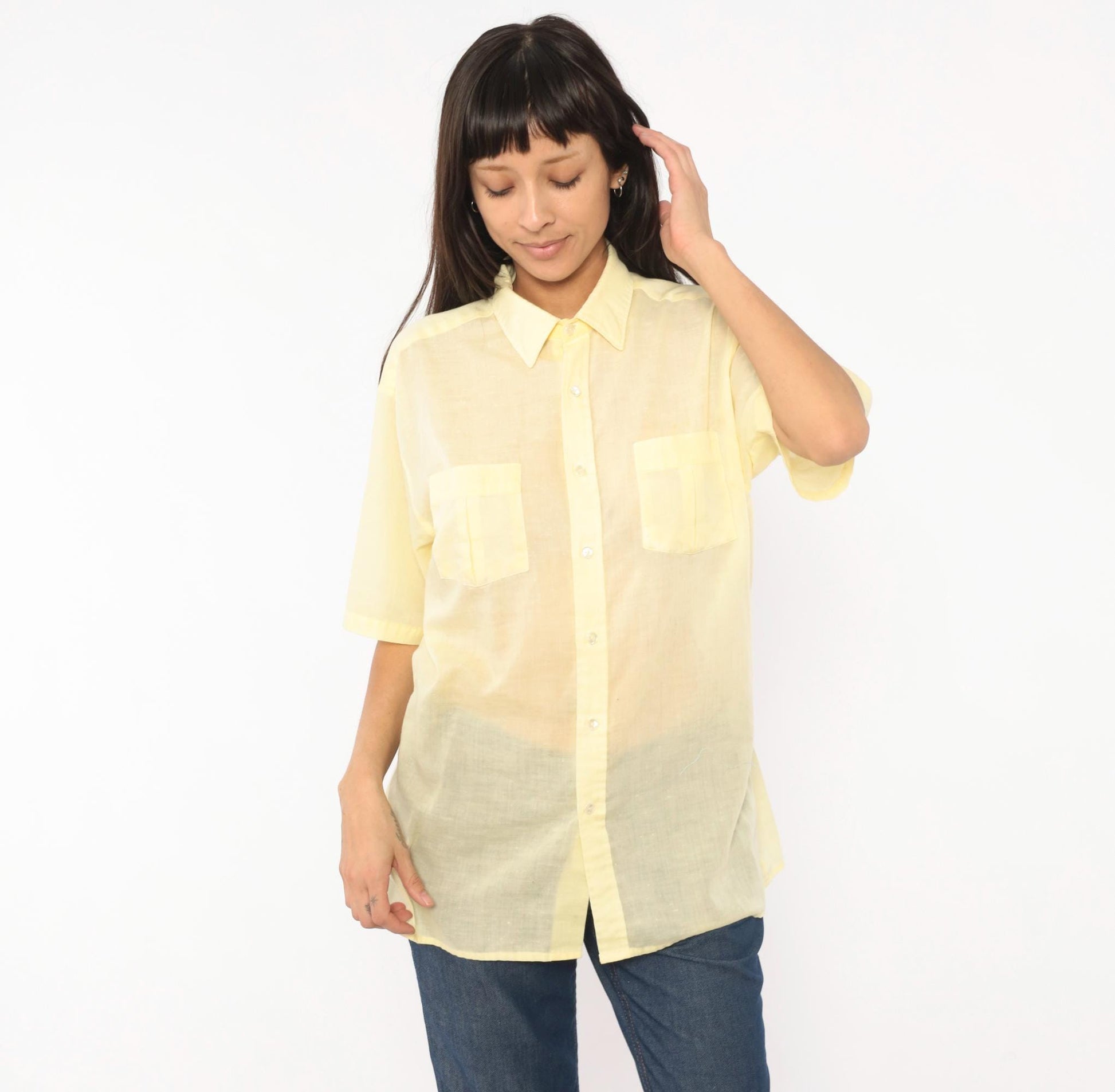 70s Arrow Pale Yellow Camp Collar Shirt Short Sleeve Pointed Chest Pockets Medium