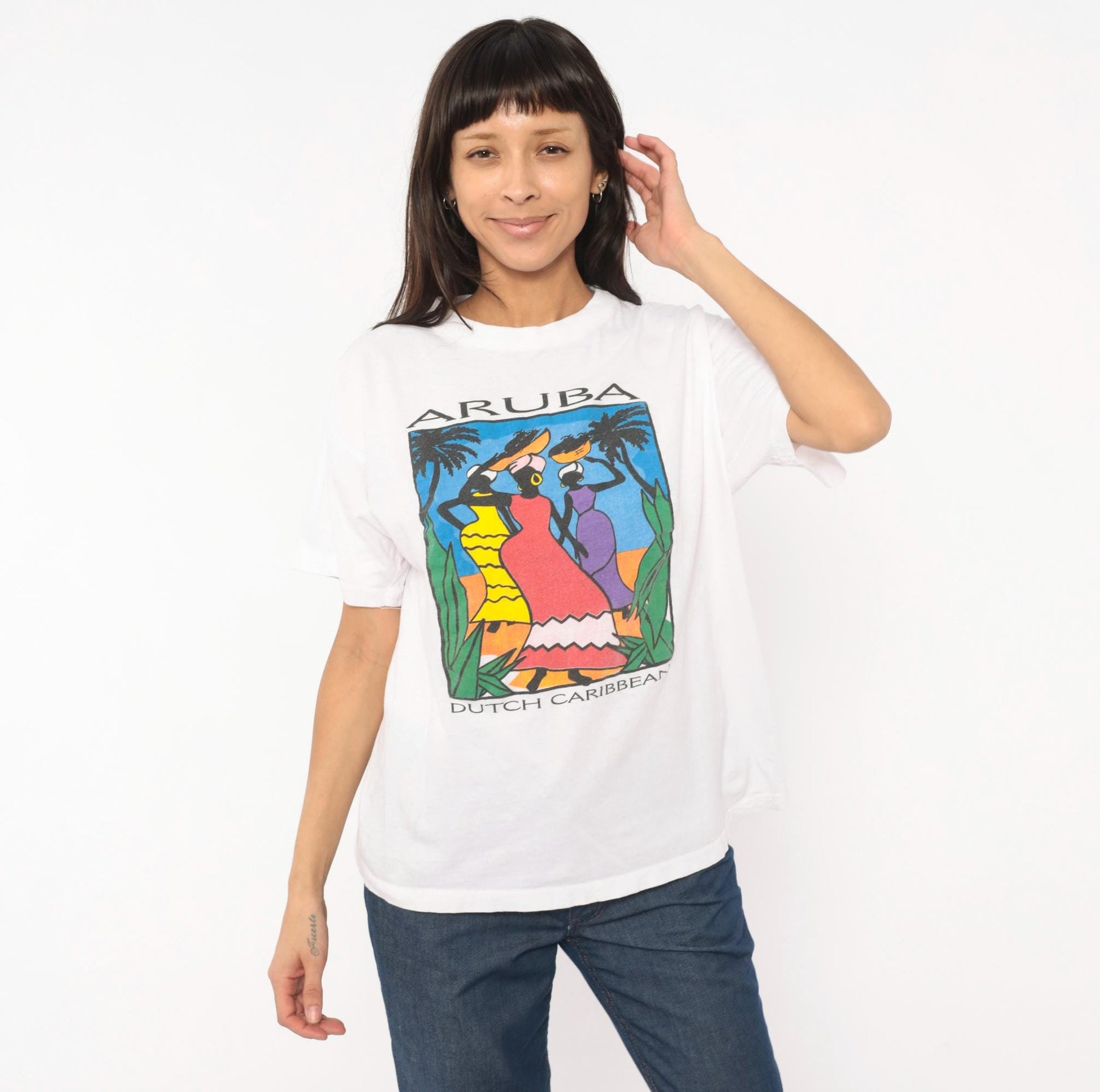 90s Aruba Paradise Island Souvenir Tee White Cotton Graphic Large L