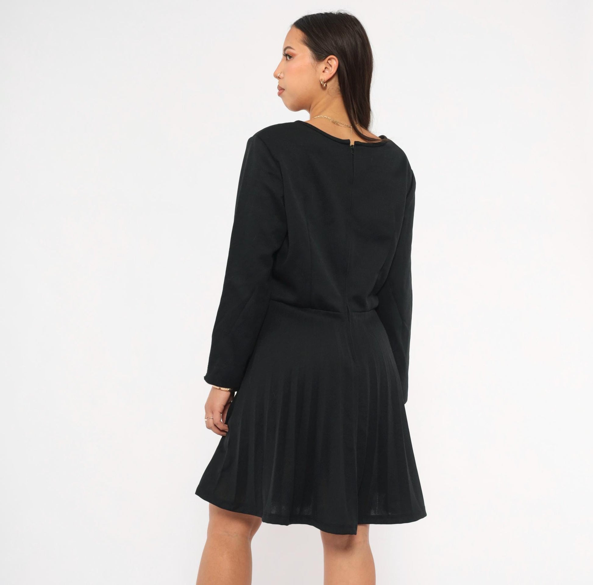 70s Black Pleated A-Line Dress Long Sleeve Drop Waist Scoop Neck Large L