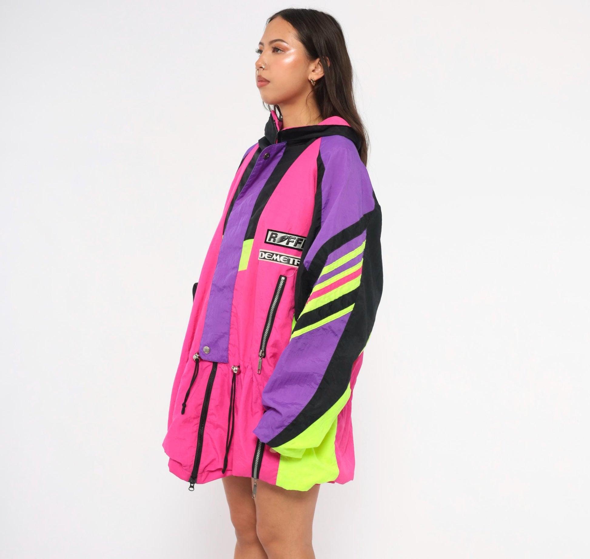 90s Roffe Demetre Neon Pink Ski Anorak Color Block Hooded Jacket Extra Large XL