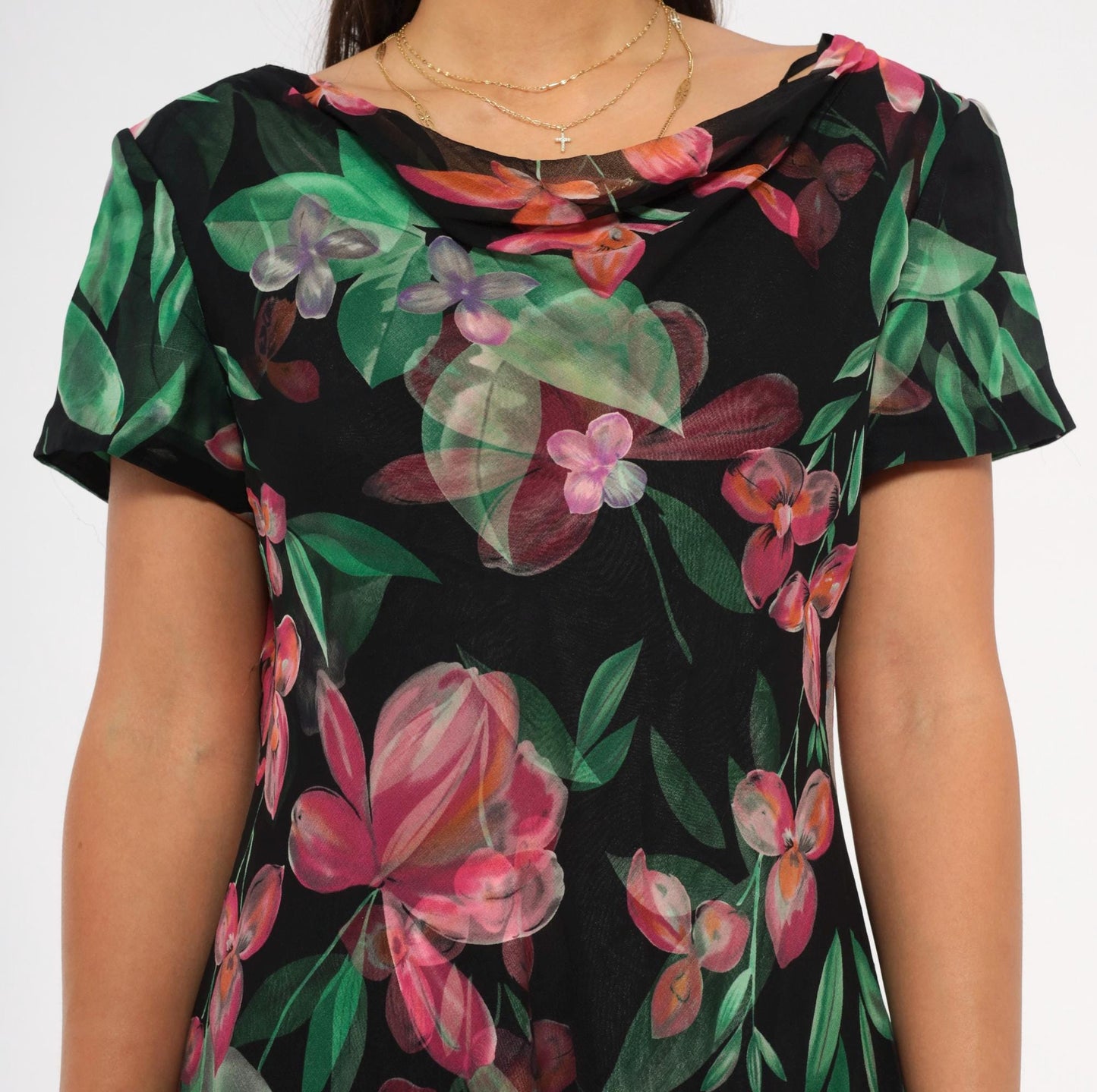 90s Donna Ricco Silk Dress Tropical Floral Black Cowl Neck Layered Hem Medium M