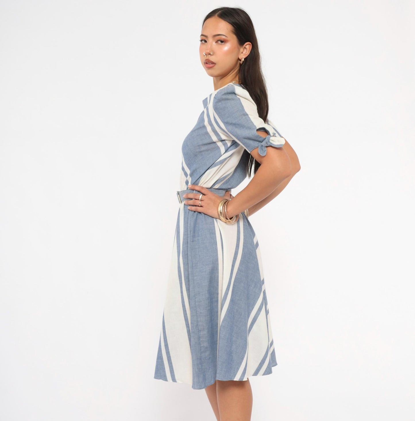 80s SL Petites Diagonal Stripe Dress Blue White Cotton Puff Sleeve Medium