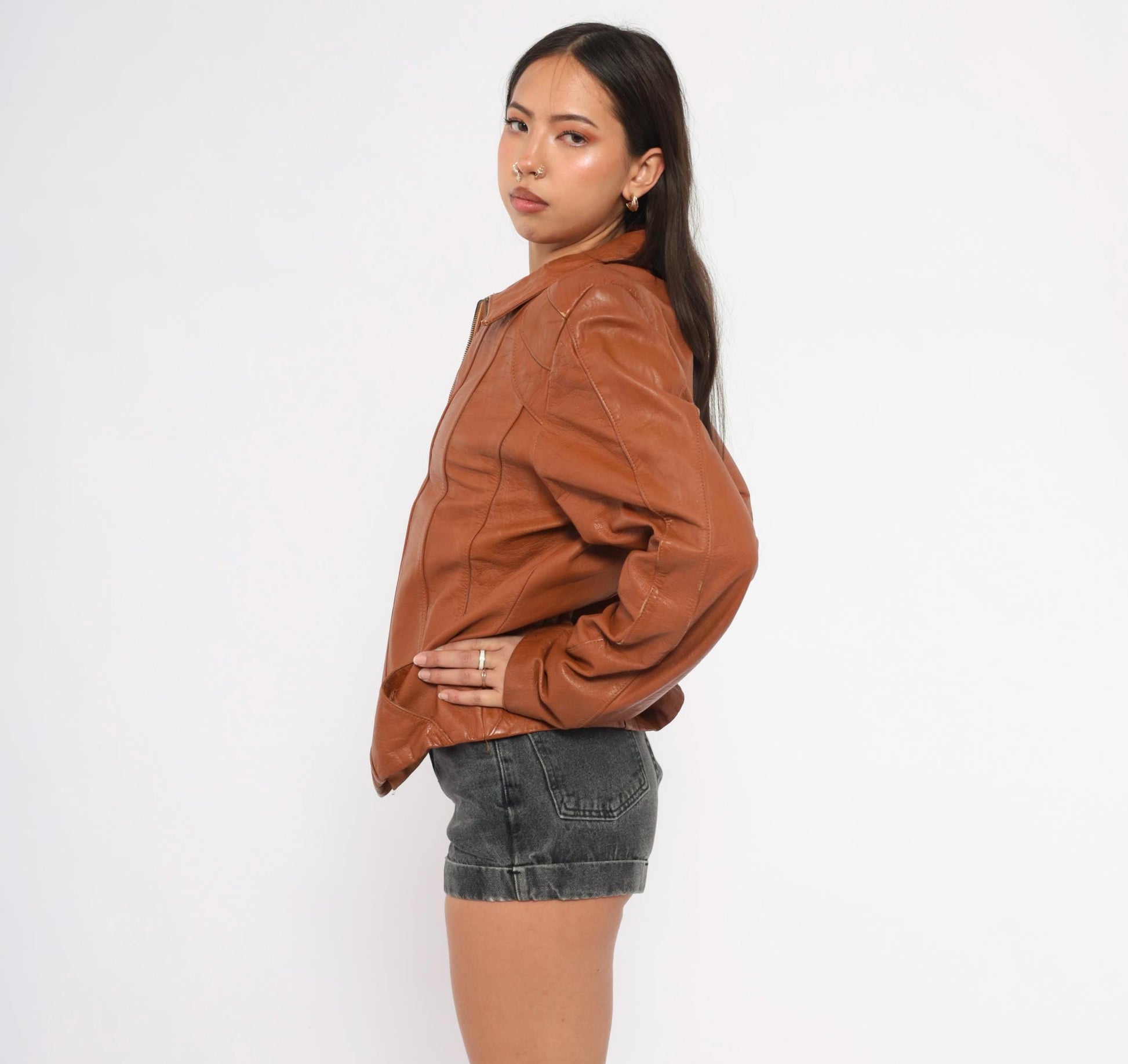 70s Ricaro Cognac Leather Jacket Western Scalloped Yoke Zip Bomber Extra Large XL