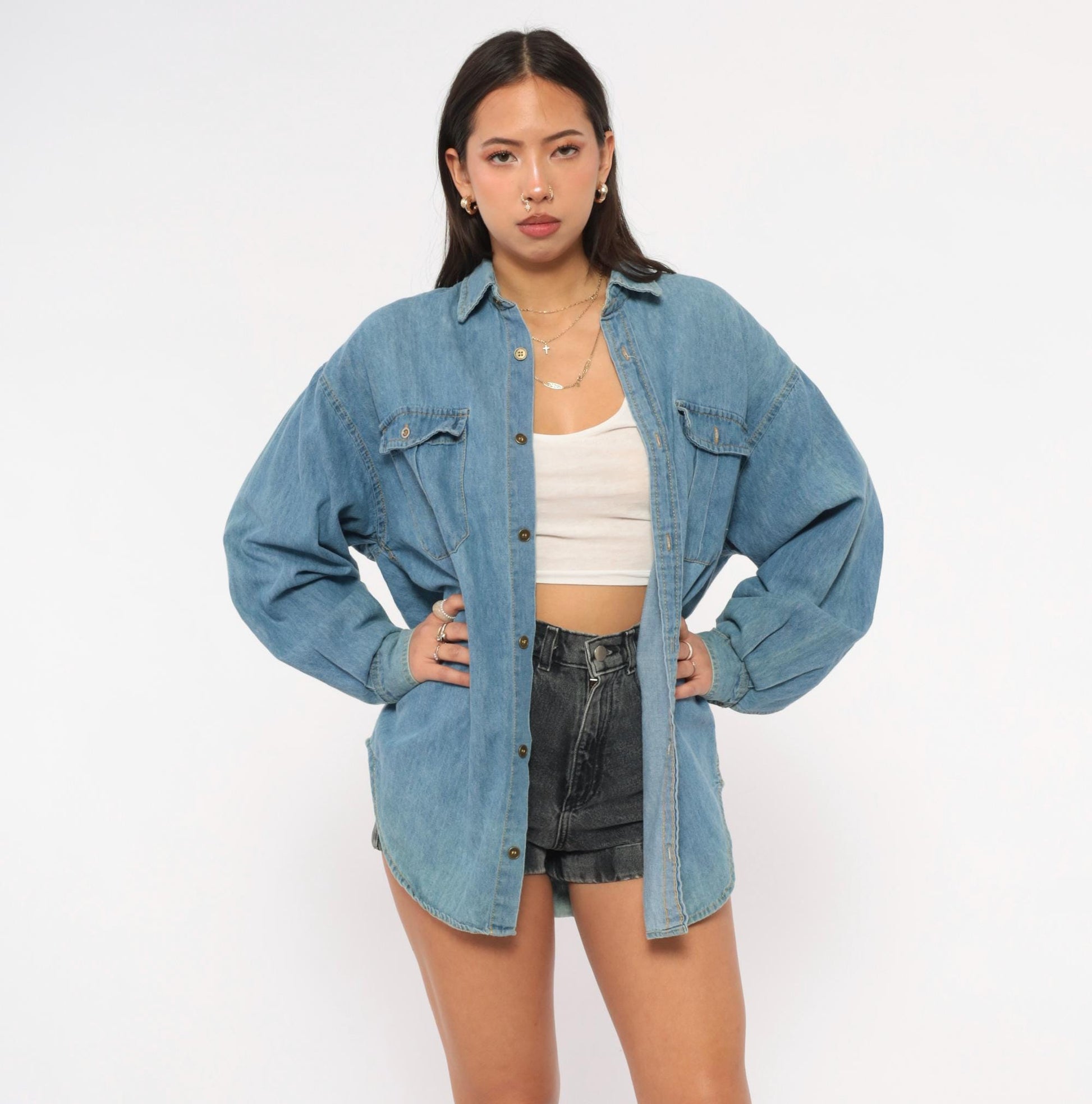 90s Mississippi River Blues Denim Shirt Light Wash Cotton Chambray Medium M