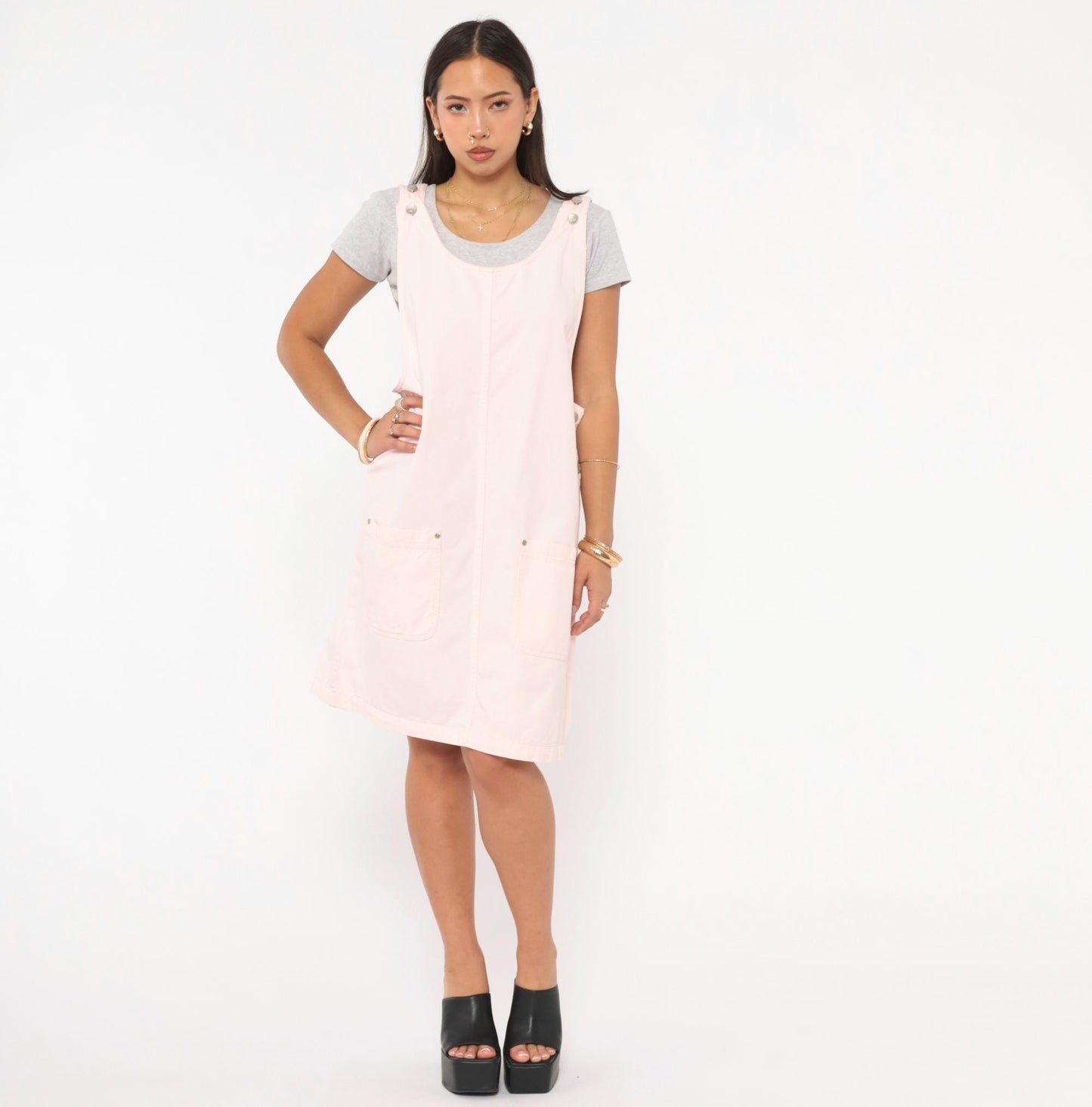 90s Denim and Co Blush Pink Cotton Pinafore Dress Knee Length Medium M