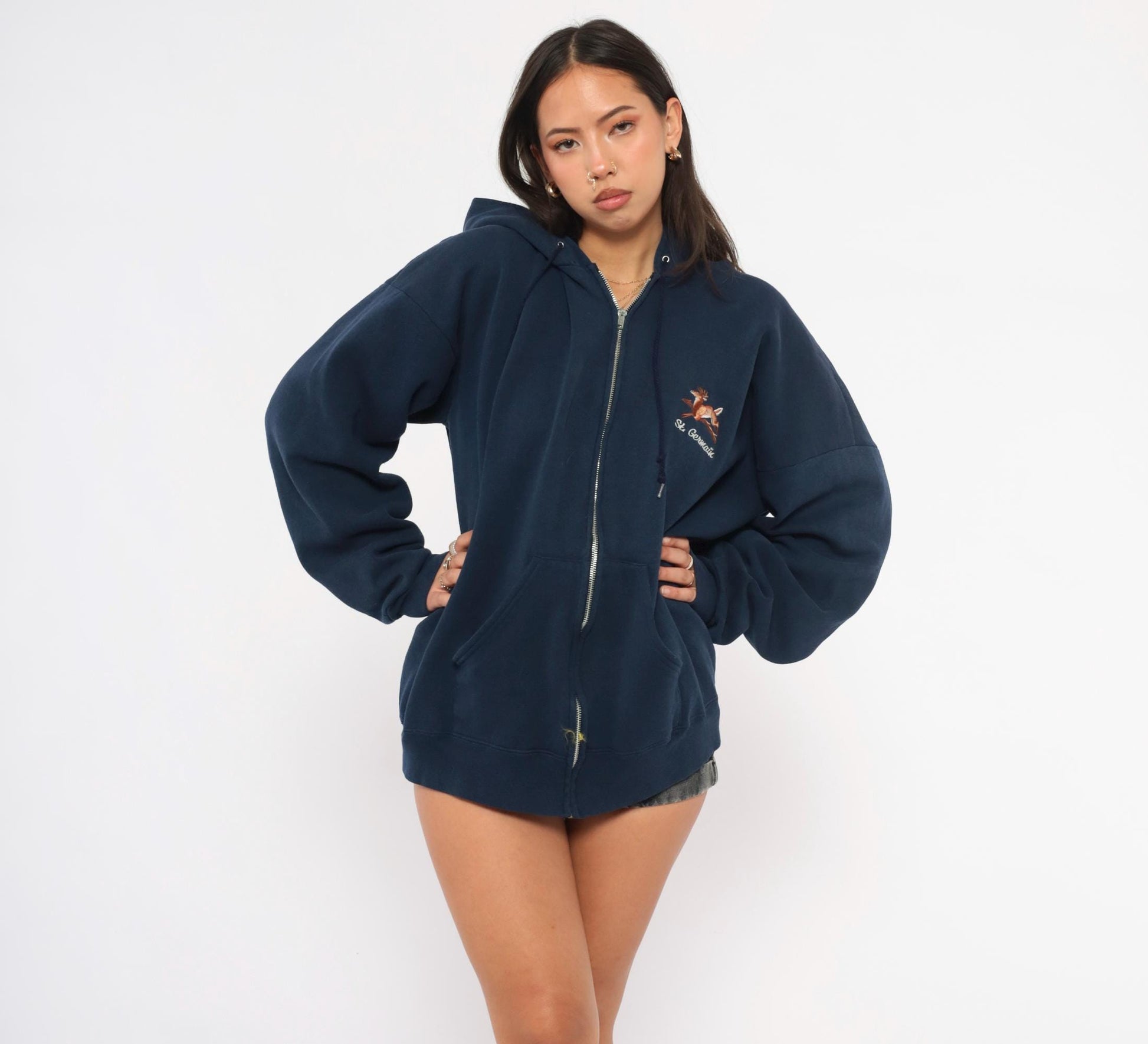 90s St Germain Deer Embroidered Navy Zip Hoodie Full Zip Sweatshirt Extra Large