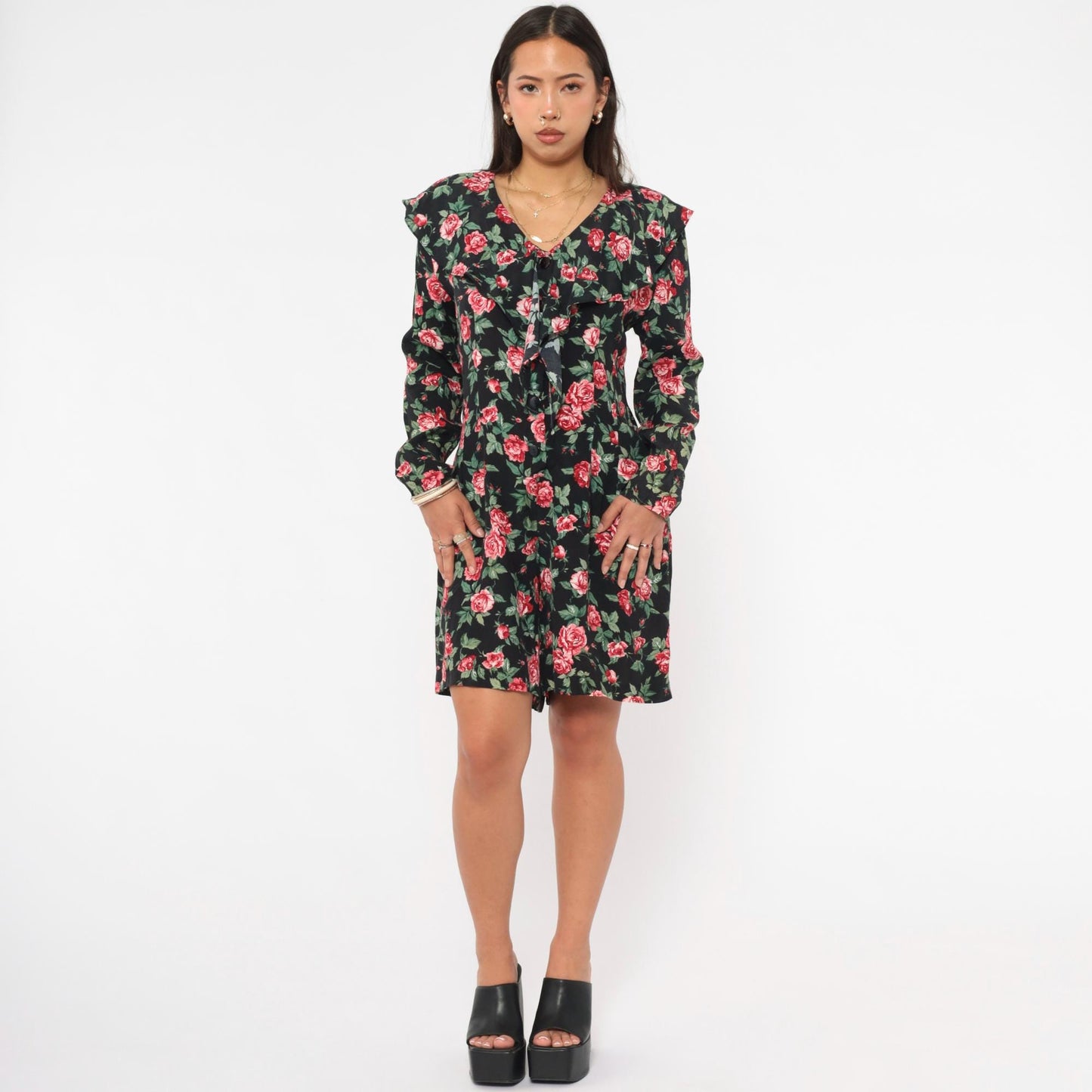 90s Rampage Rose Print Mini Dress Black Floral V-Neck Ruffle Long Sleeve Small