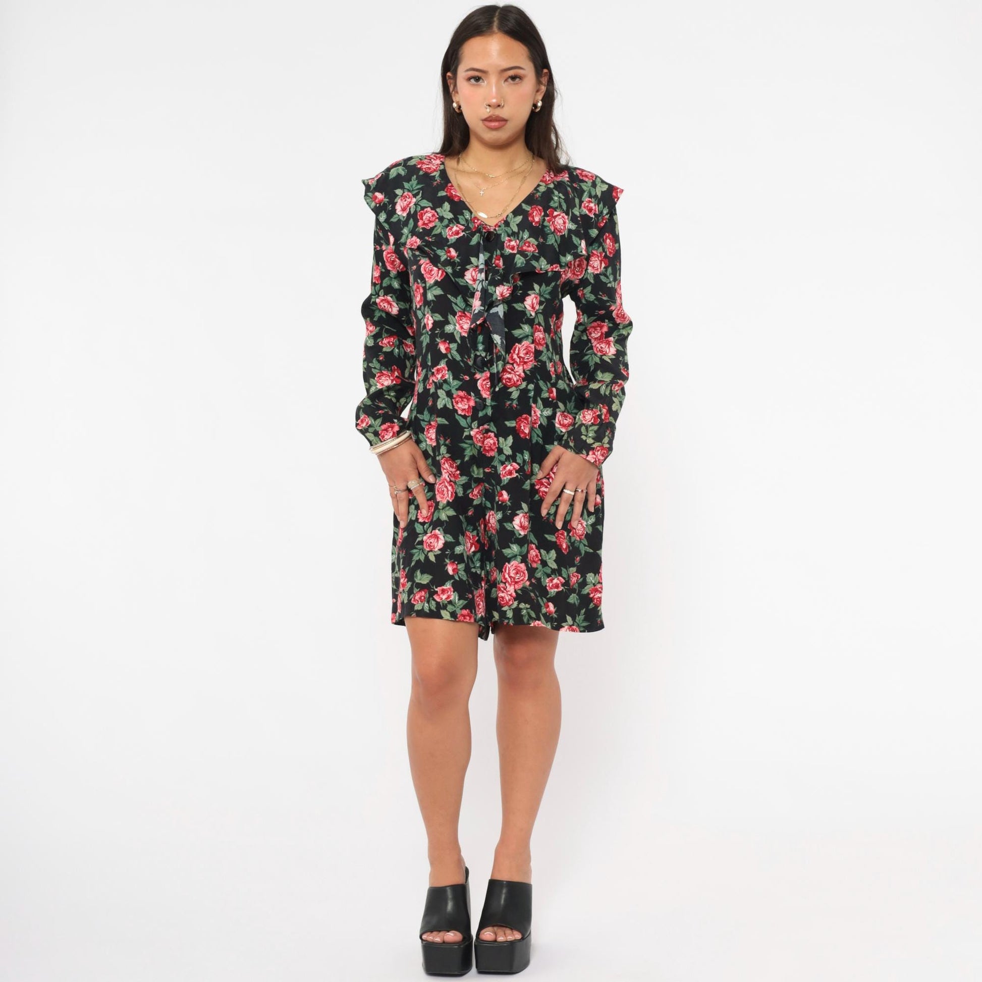 90s Rampage Rose Print Mini Dress Black Floral V-Neck Ruffle Long Sleeve Small