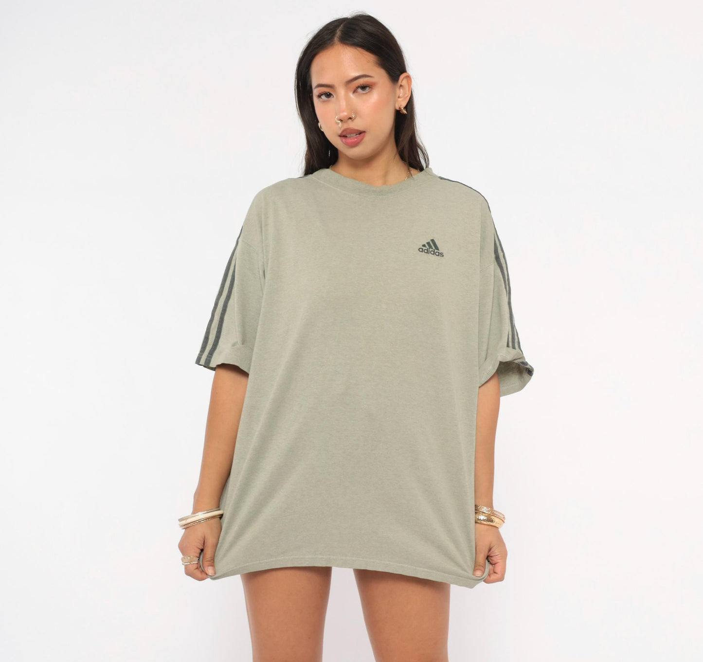 Y2K Adidas Three Stripe Tee Grey Embroidered Logo Cotton Medium