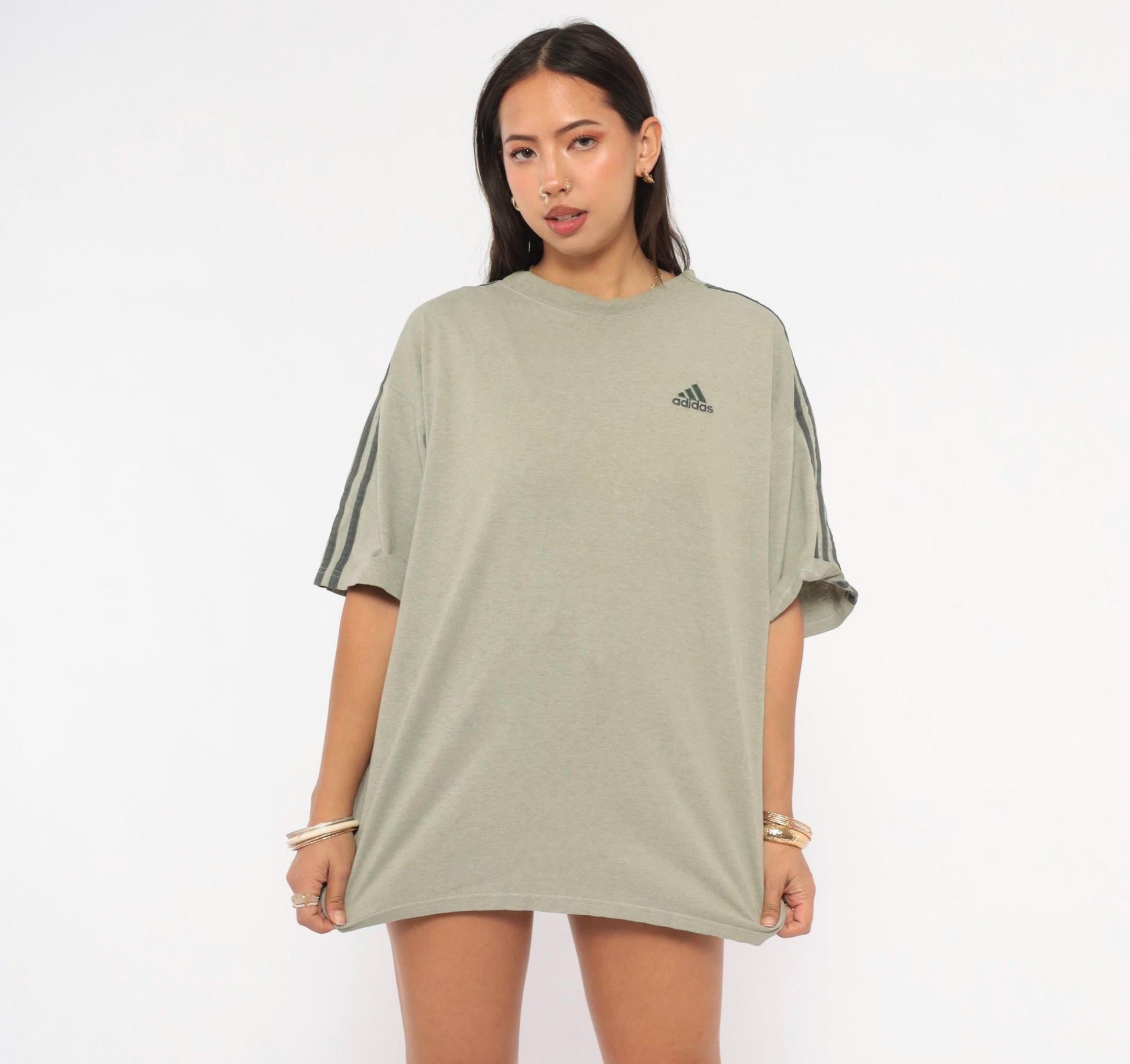 Y2K Adidas Three Stripe Tee Grey Embroidered Logo Cotton Medium