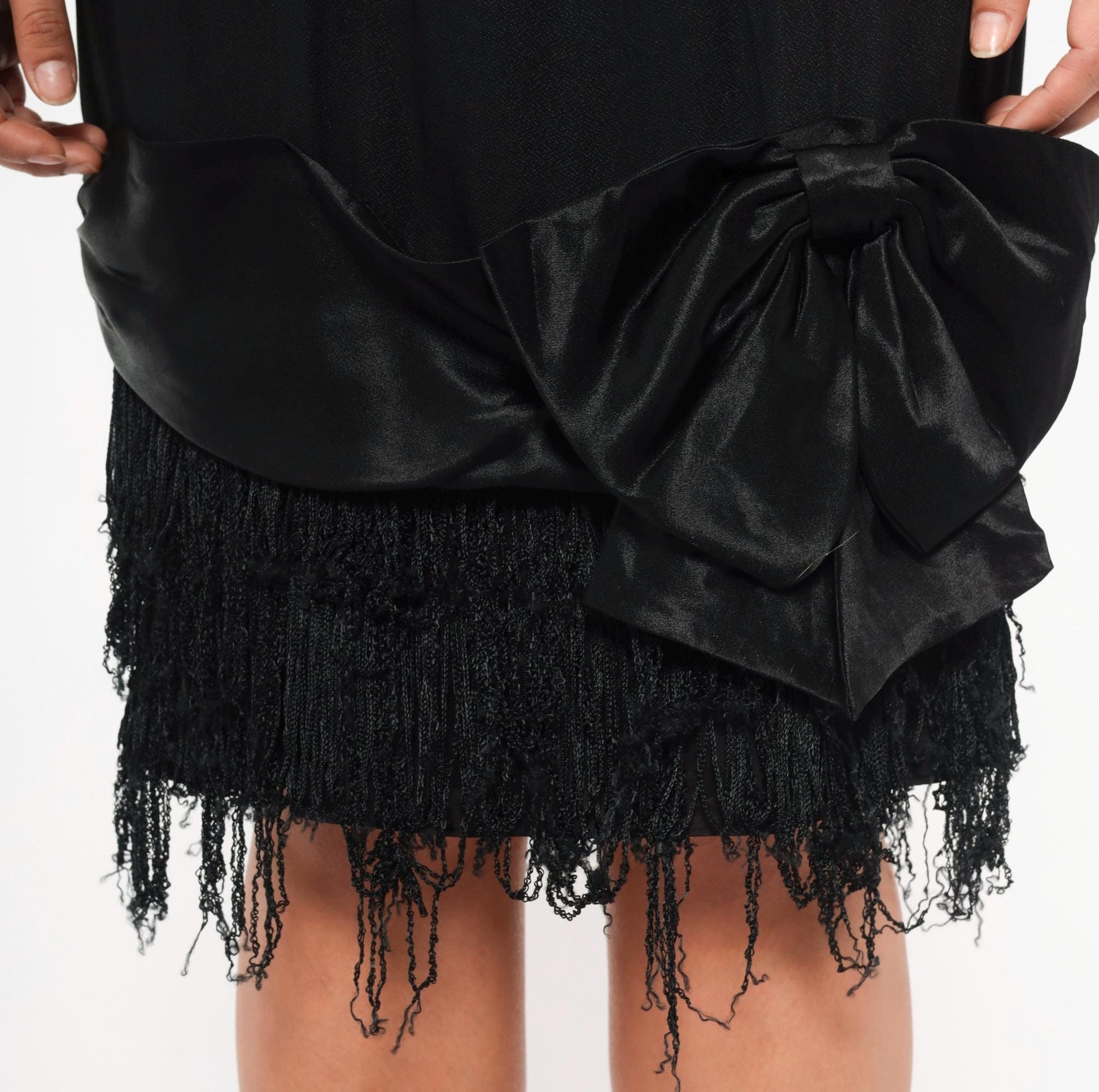 90s Roberta Black Mini Slip Dress Sequin Bustline Fringe Hem Extra Small XS