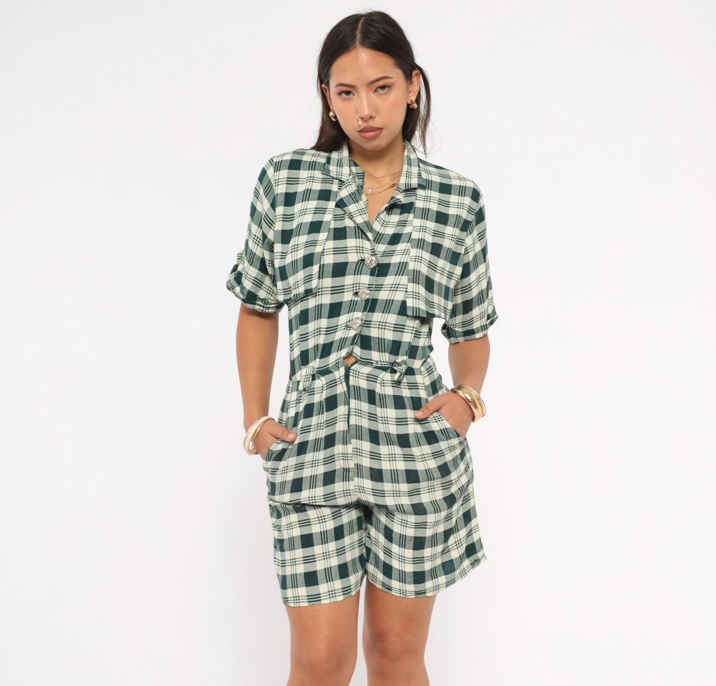 90s Scarlett Green Plaid Romper Button Front Rolled Cuff Small S