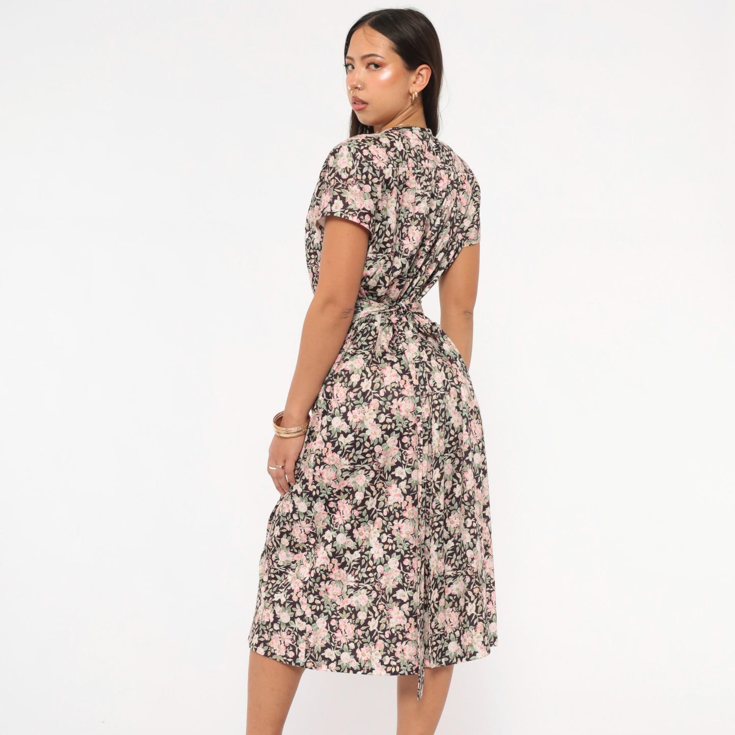 90s Mr. Duval Floral Wrap Dress Midi Garden Print Brown Pink Large L