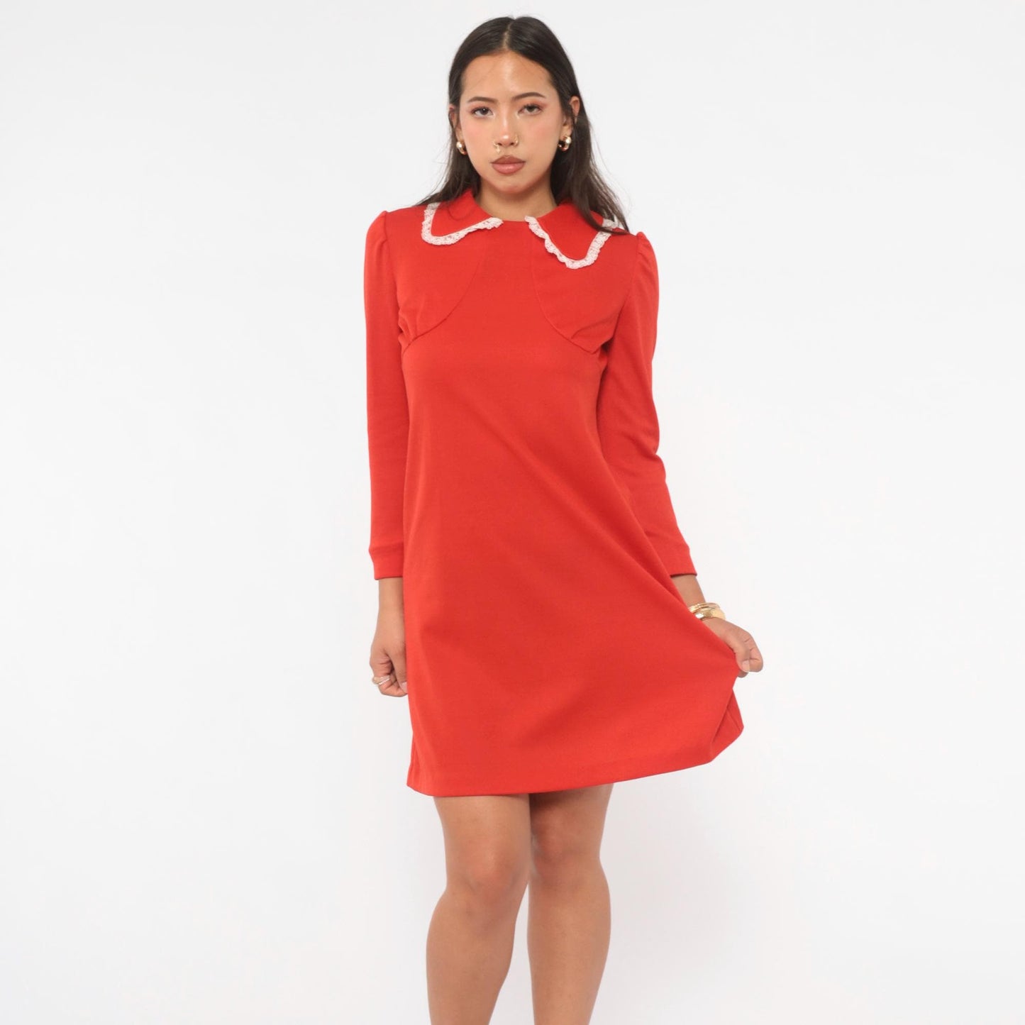 70s Red Mini Dress Peter Pan Collar Puff Sleeve Empire Waist Medium