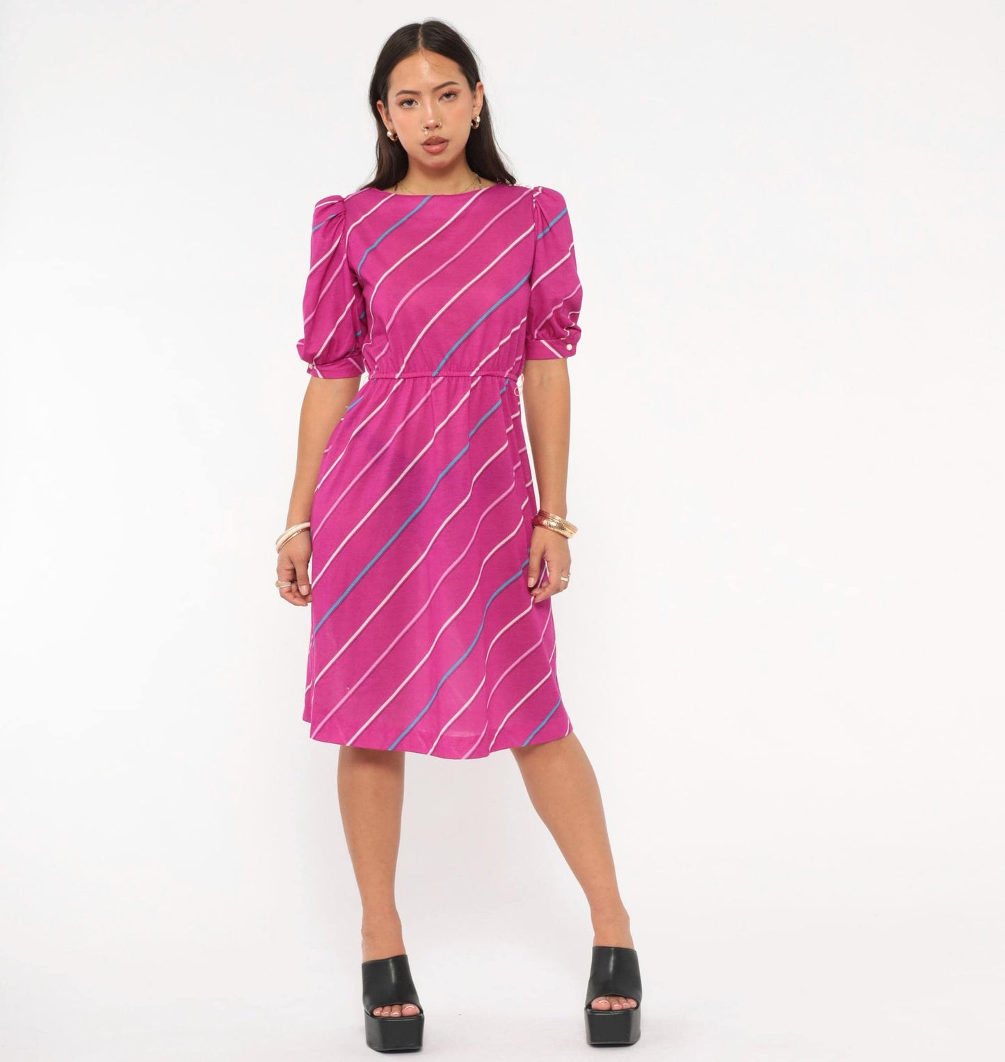 80s Joni Blair Magenta Striped Dress Puff Sleeve Boat Neck Knee Length Small