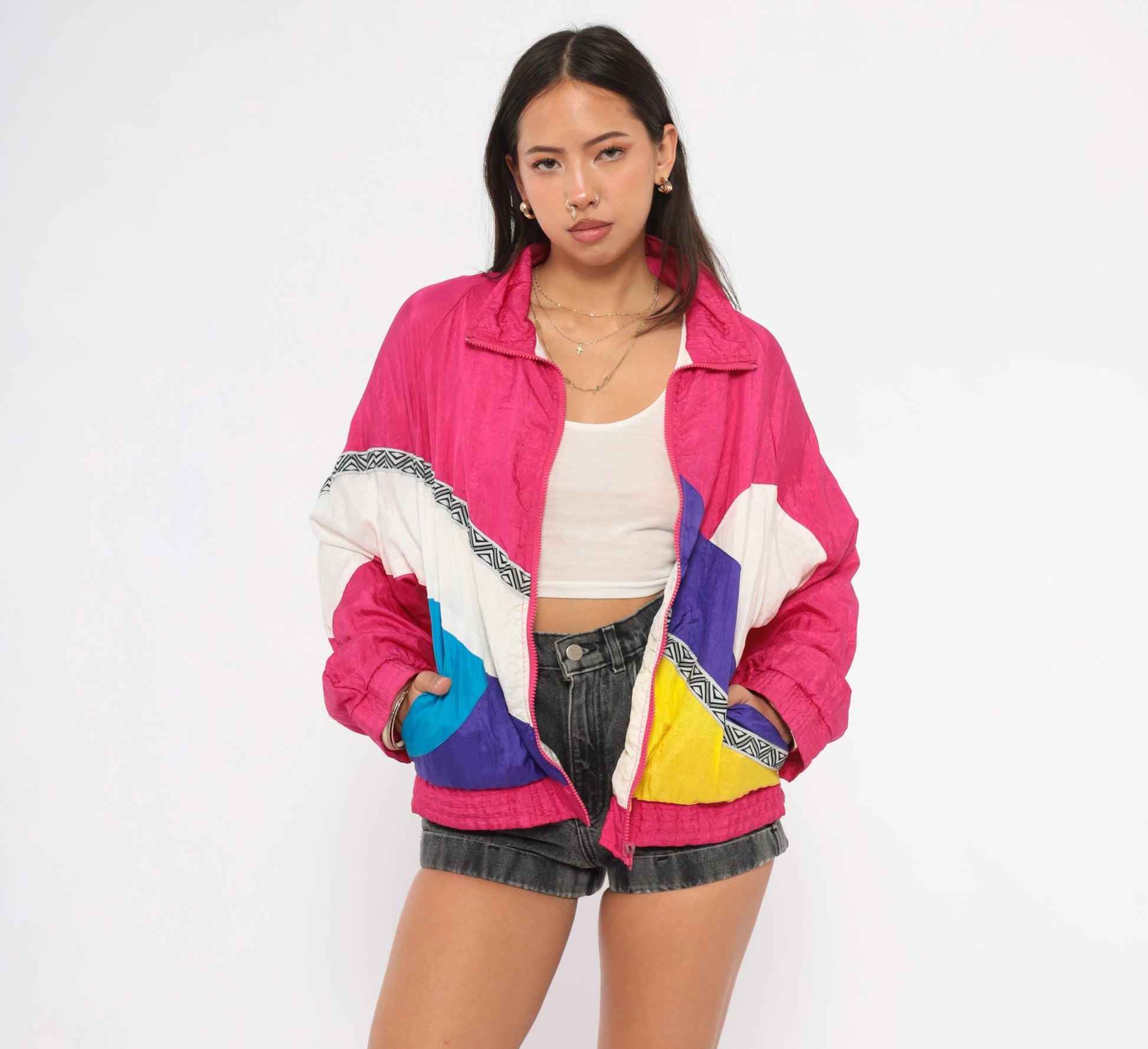 90s Longstreet Colorblock Windbreaker Hot Pink Purple Yellow Teal Small