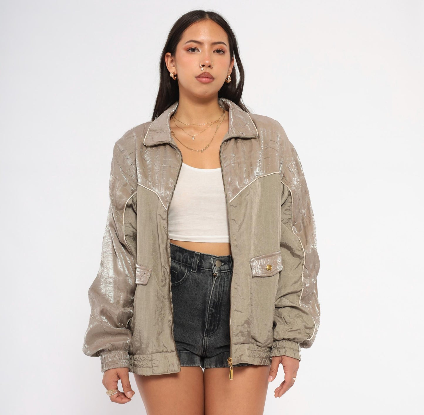 90s Cabin Creek Windbreaker Taupe Nylon Jacket Cream Piping Medium M