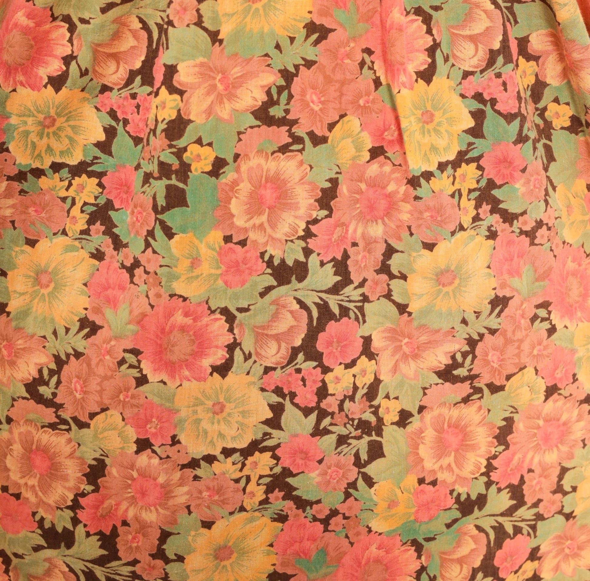 70s Floral Cotton Shift Dress Eyelet Lace Collar Brown Garden Print Mini Medium M