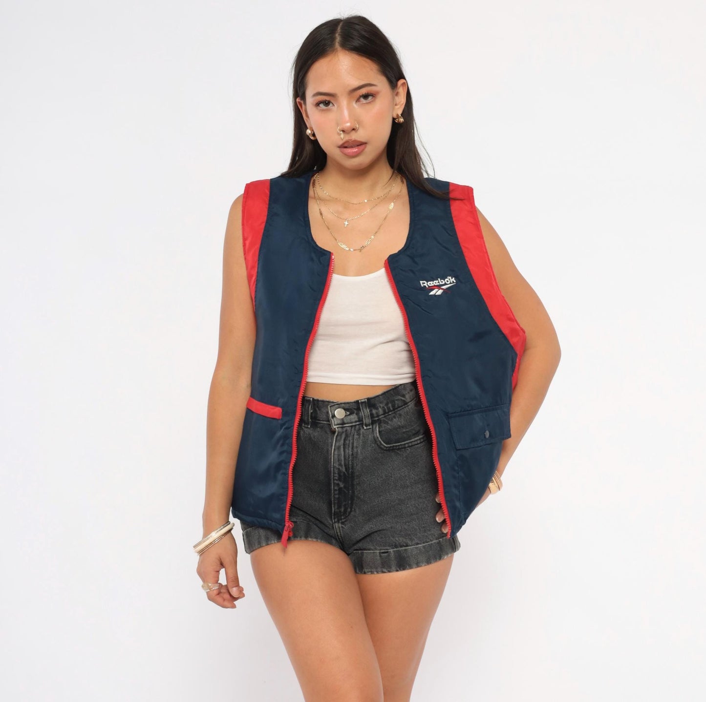 90s Reebok Colorblock Puffer Vest Navy Red Embroidered Logo Large L