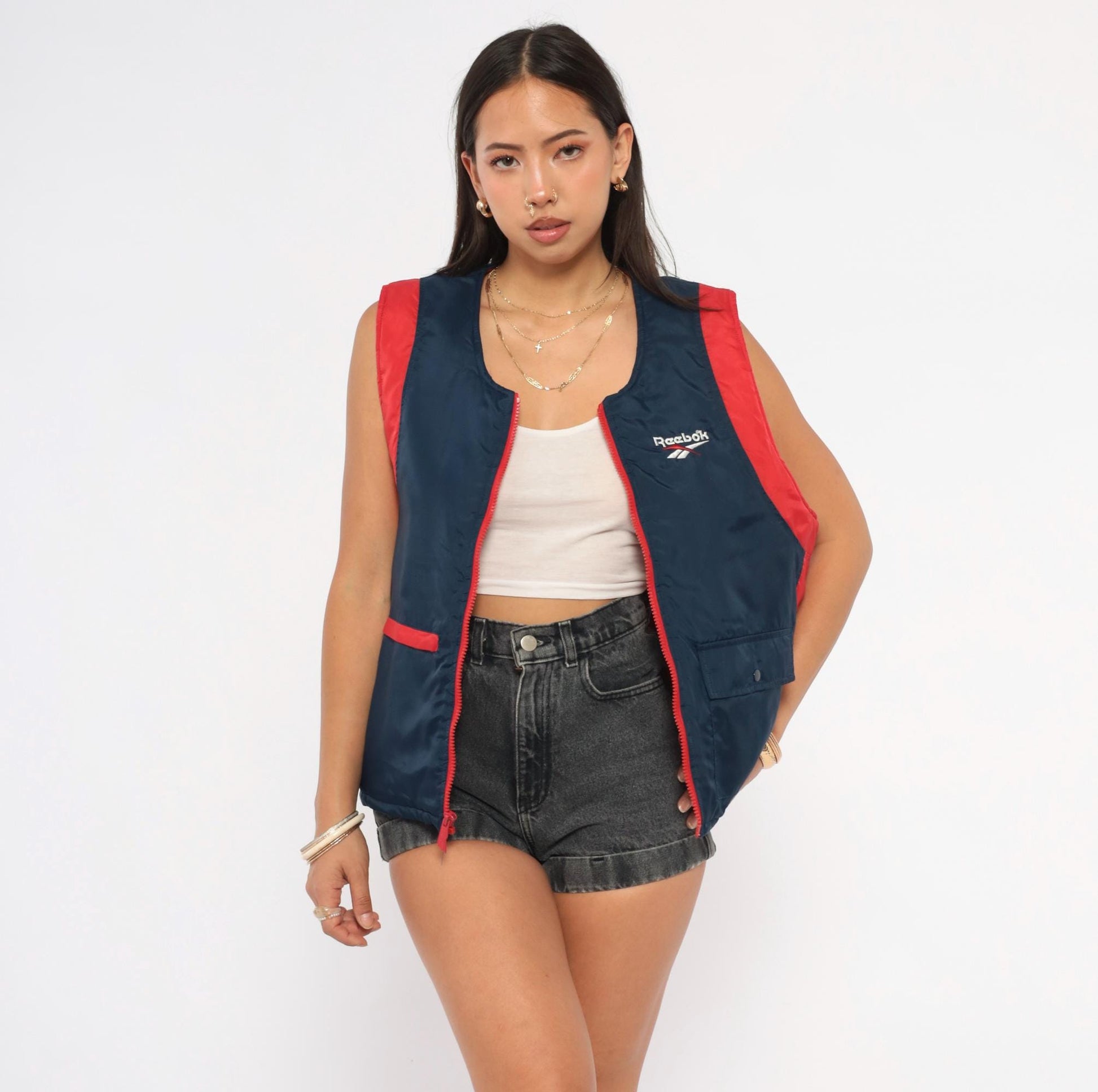 90s Reebok Colorblock Puffer Vest Navy Red Embroidered Logo Large L