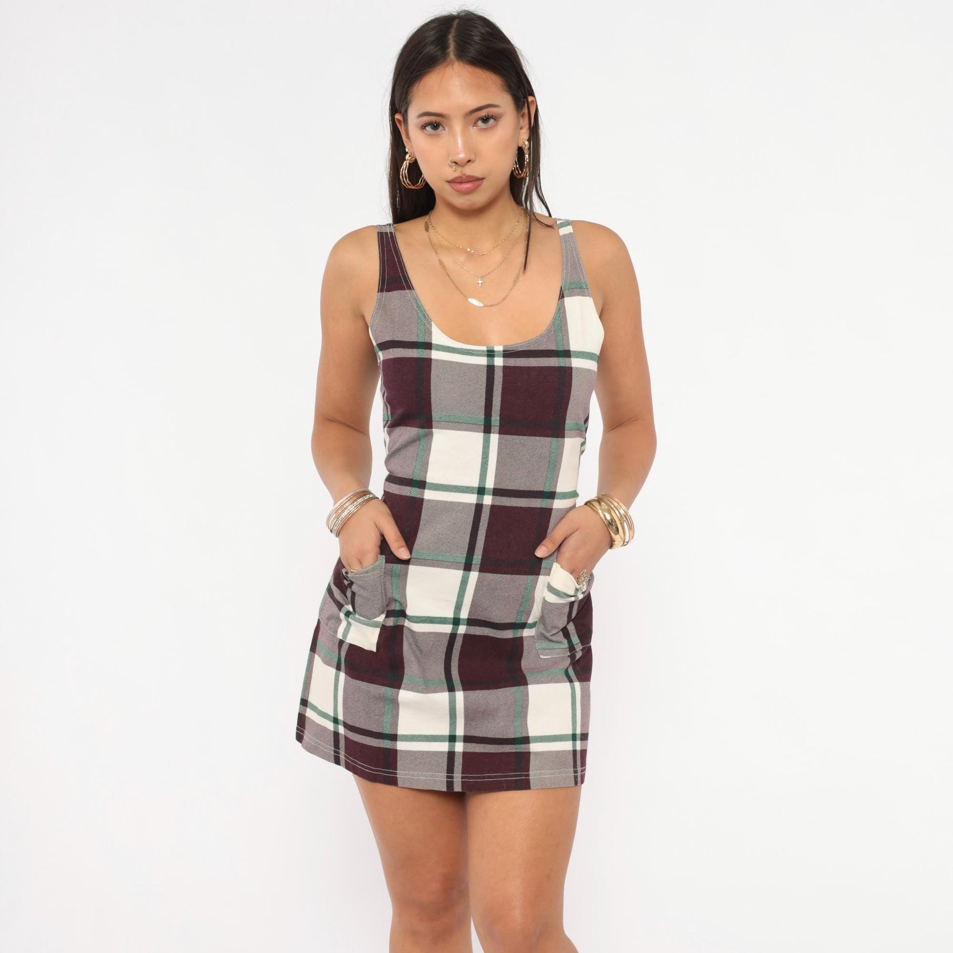 90s In Charge Plaid Mini Dress Burgundy Tartan Tank Small S