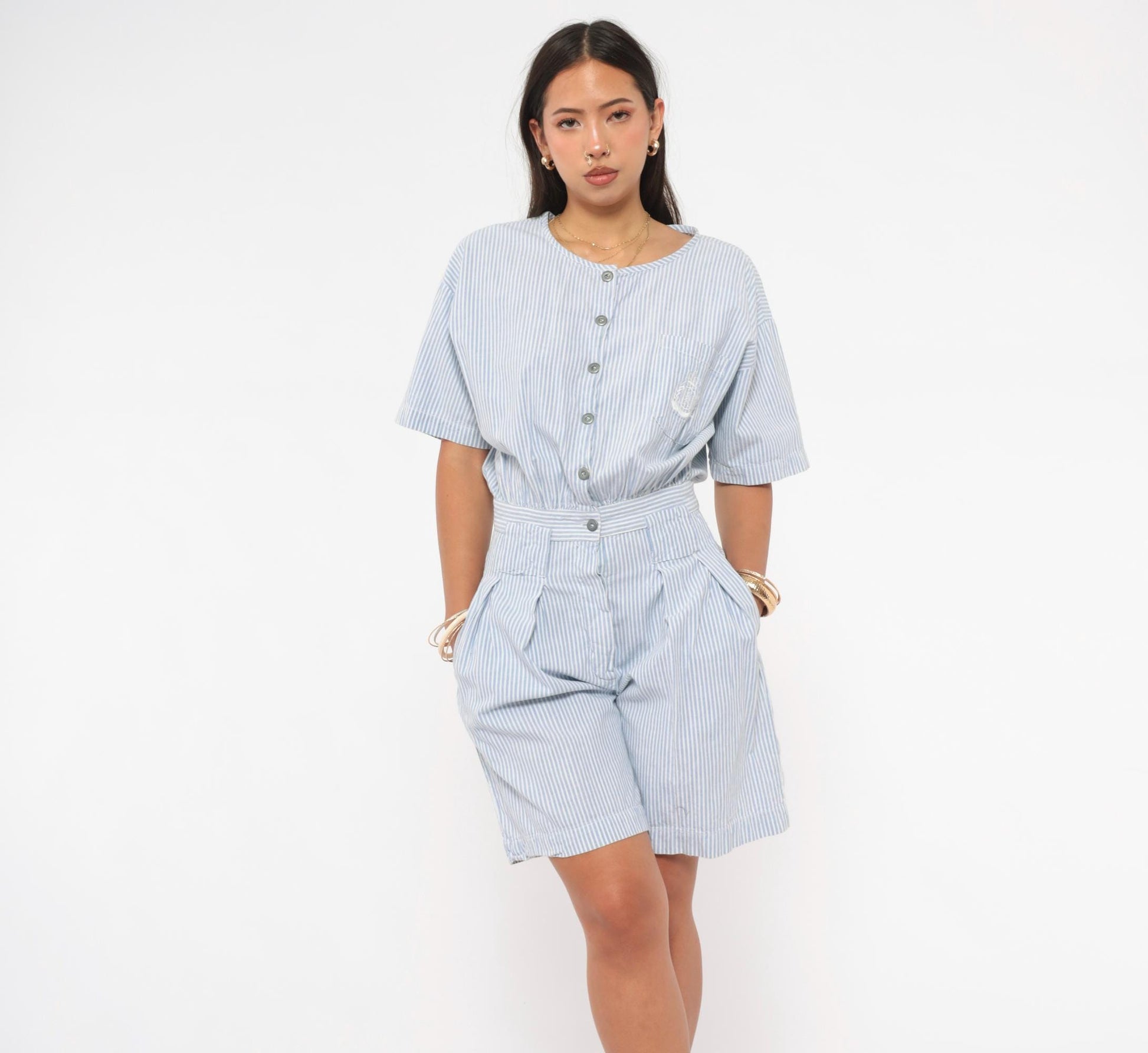 80s FADS Blue White Pinstripe Cotton Romper Pleated High-Rise Small S
