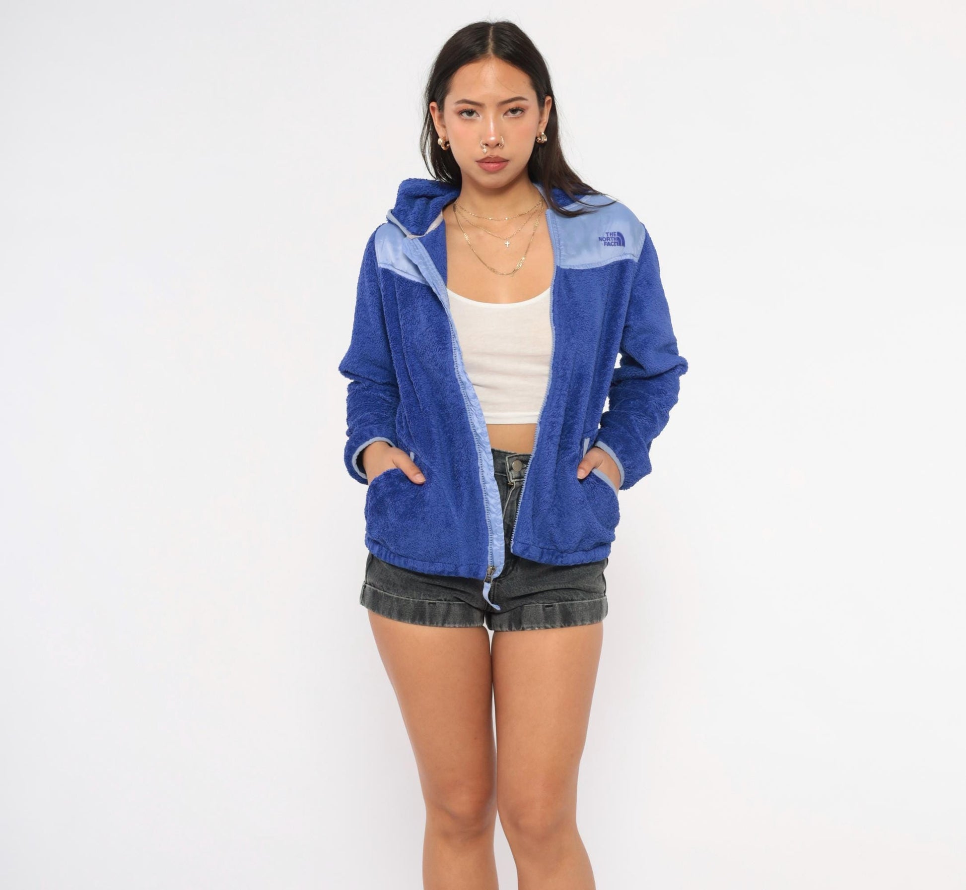 Y2K North Face Cobalt Blue Sherpa Fleece Hooded Jacket Small S