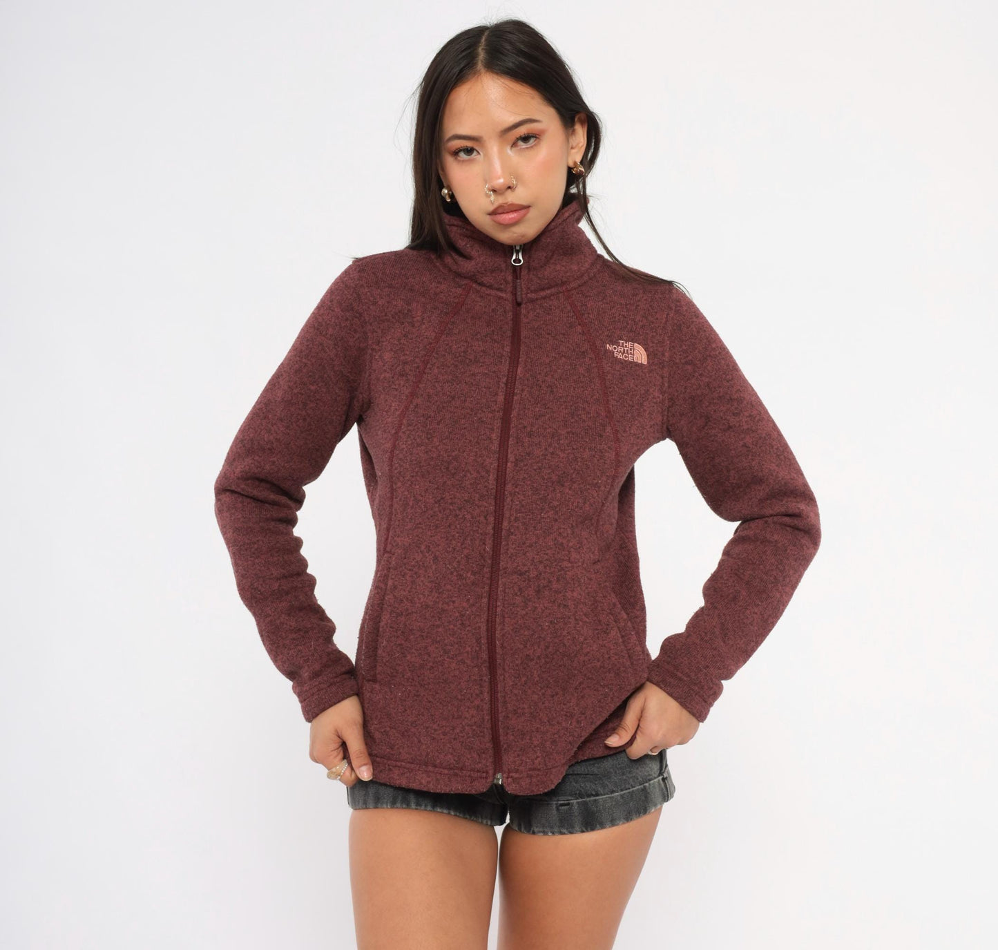 2000s The North Face Burgundy Fleece Jacket Raglan Small Petite