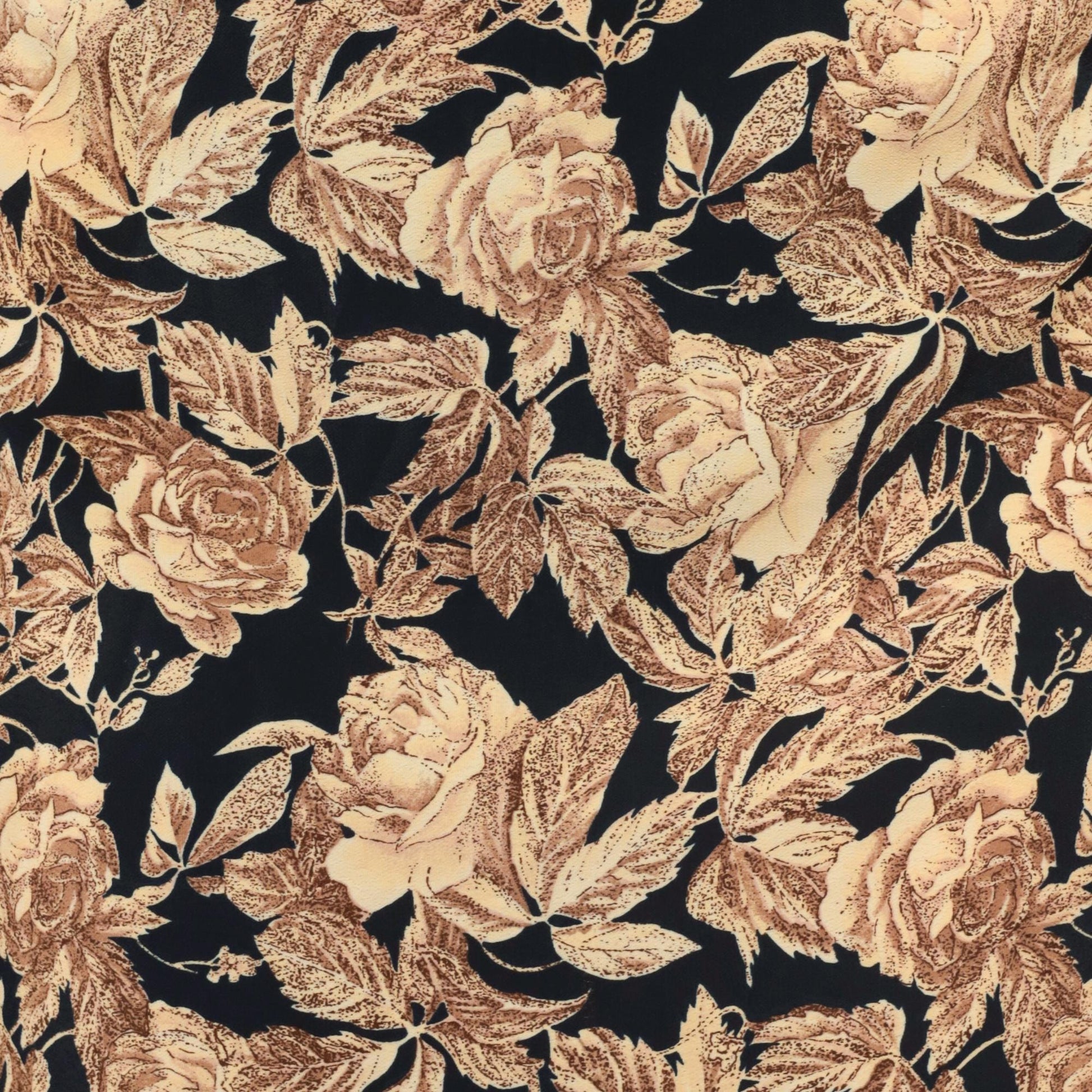 90s Golden Rose Print Sleeveless Dress Black Tan Knee-Length Small S