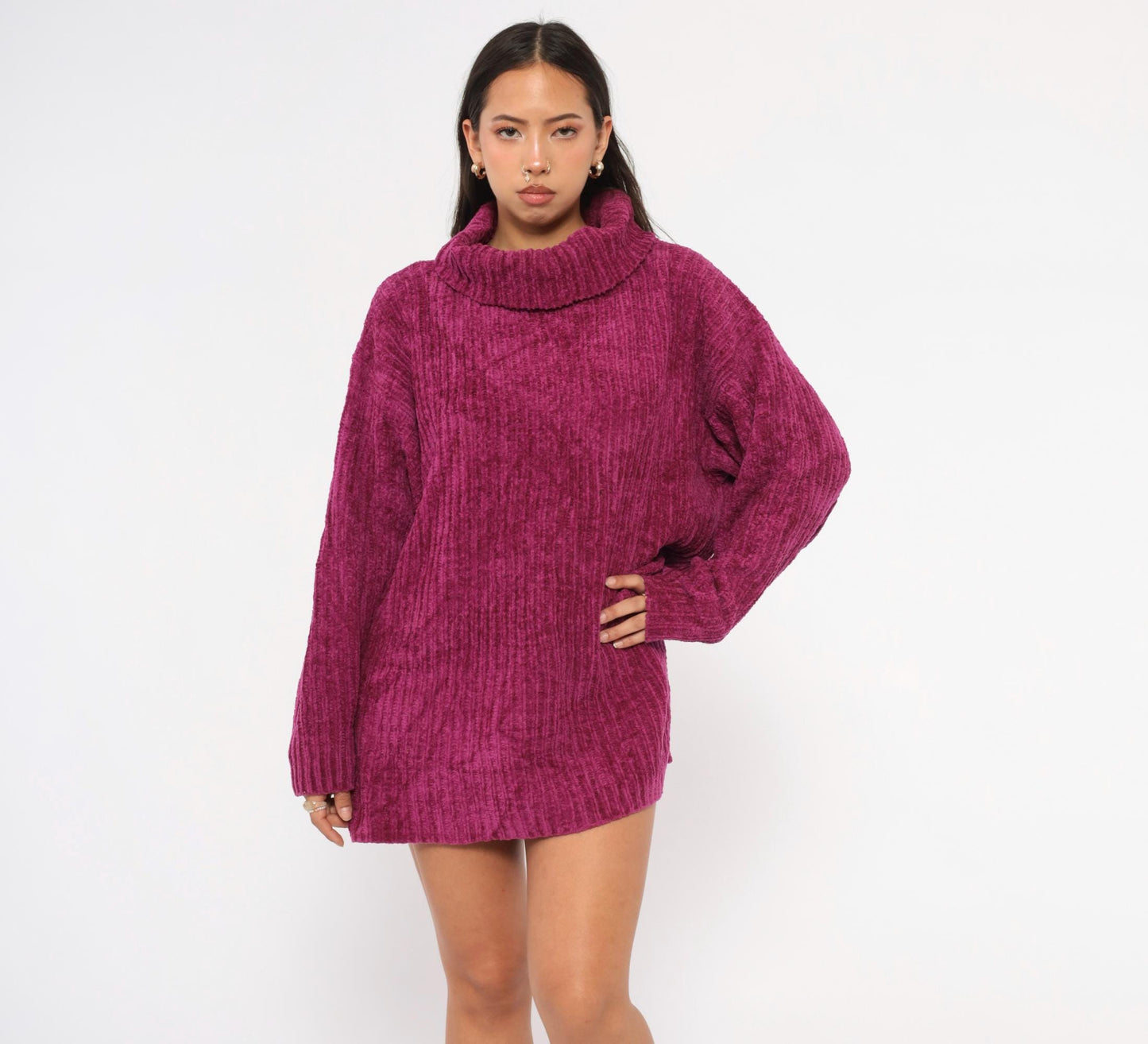 80s Knitwear Magenta Chenille Turtleneck Ribbed Knit Sweater Large L