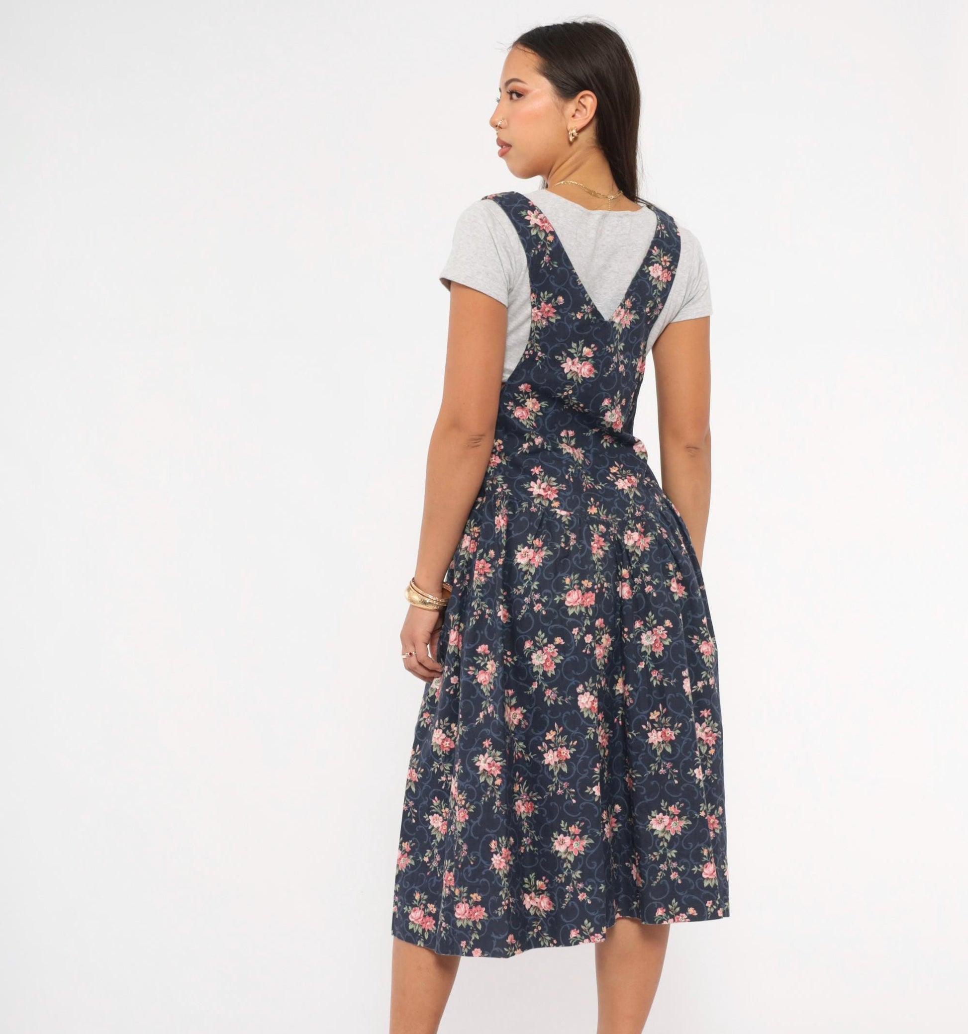 90s Navy Floral Pinafore Dress Pink Rose Print Mid-Calf Gathered Jumper XS