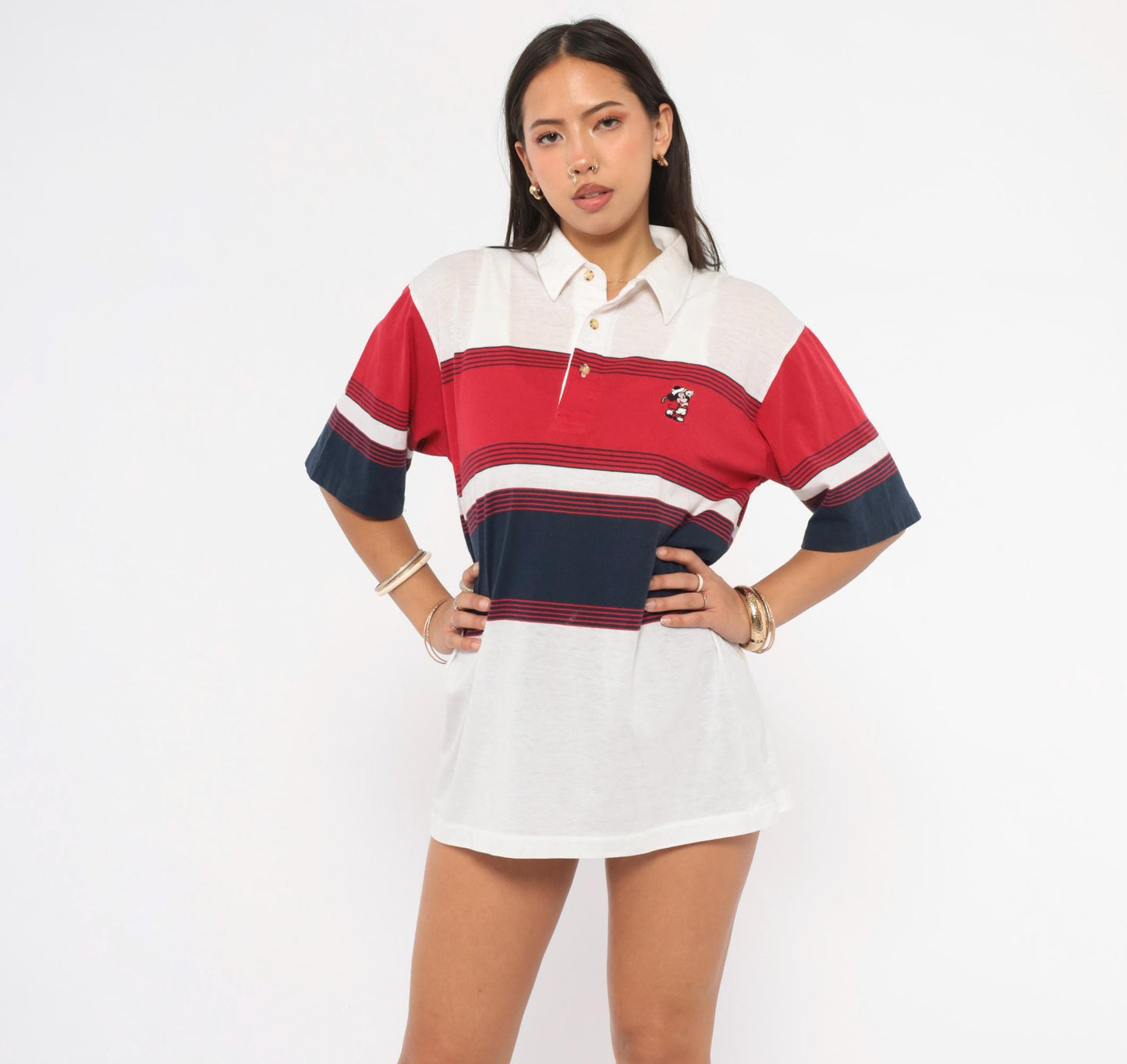 90s Aureus Mickey Mouse Polo Shirt Red Navy Striped Embroidered Medium