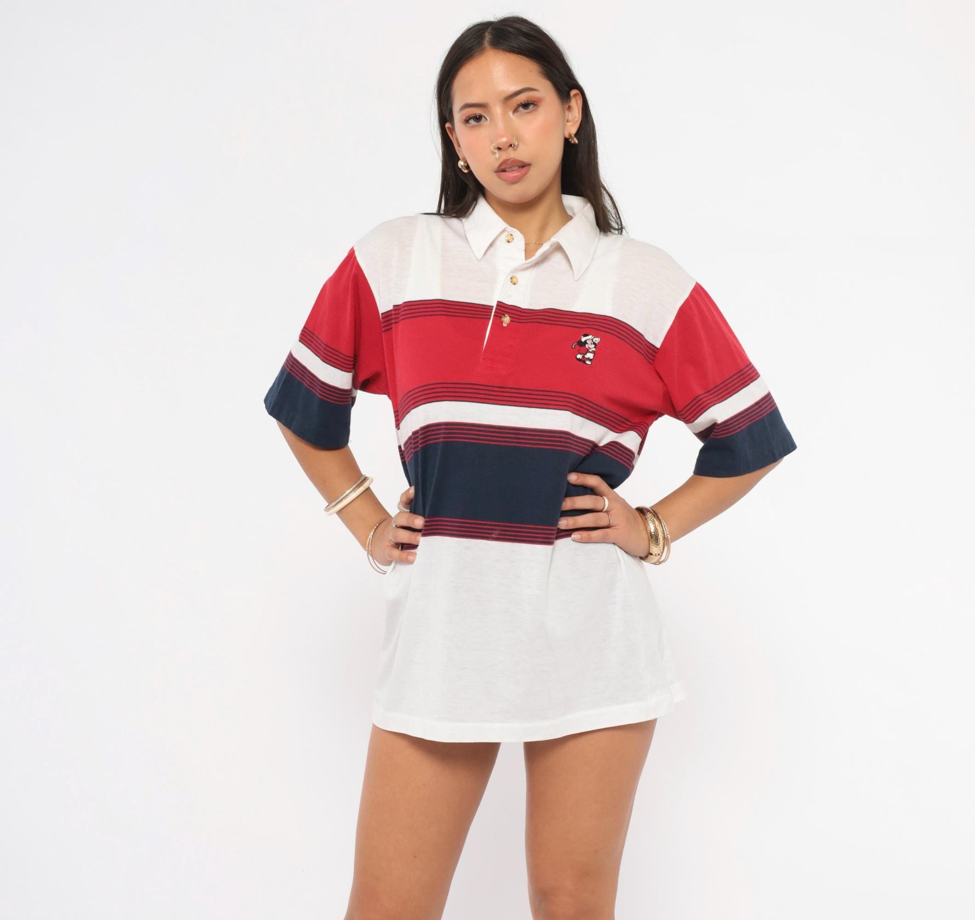 90s Aureus Mickey Mouse Polo Shirt Red Navy Striped Embroidered Medium