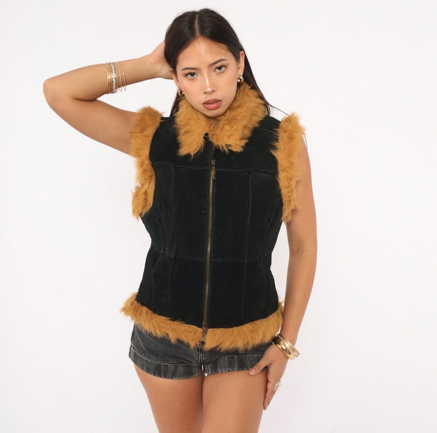 Y2K Jennyfer J Black Leather Vest Tan Faux Fur Trim Zip Front Medium