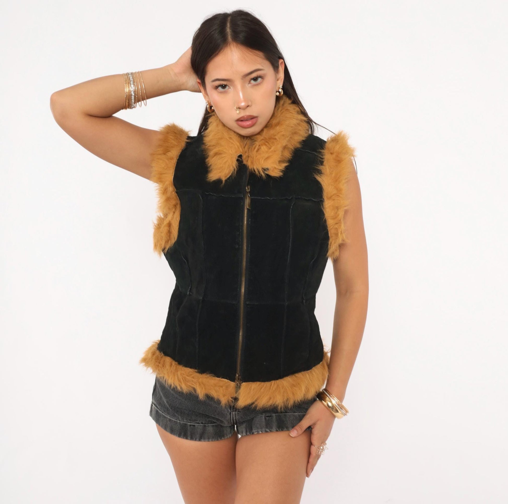 Y2K Jennyfer J Black Leather Vest Tan Faux Fur Trim Zip Front Medium