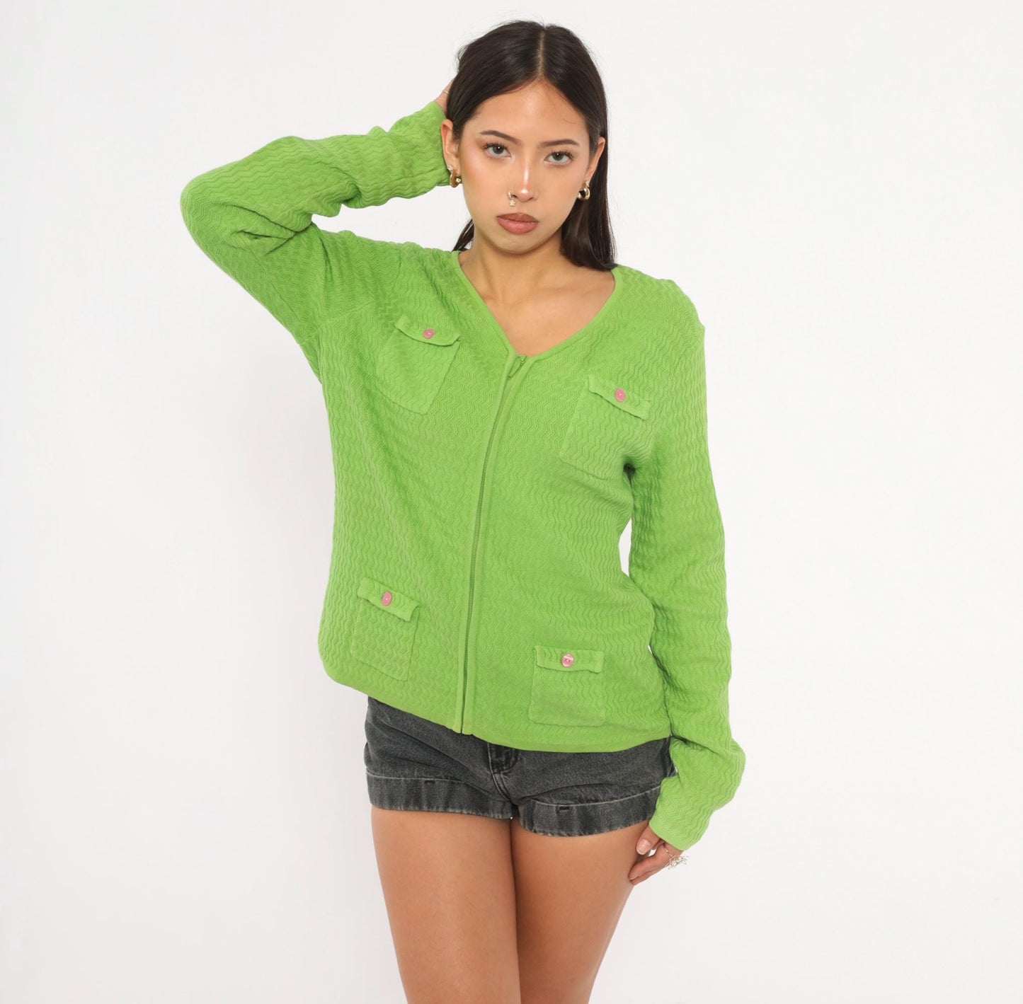 90s Sag Harbor Lime Green Chevron Cardigan Pink Button Pockets Medium M