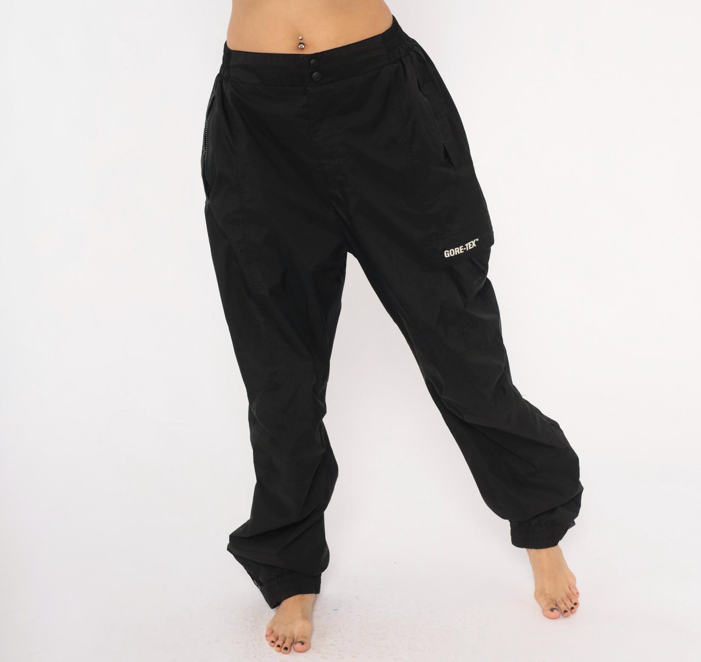 2000s Gore-Tex Black Nylon Shell Pants Cargo Pocket Snap Waist Large L