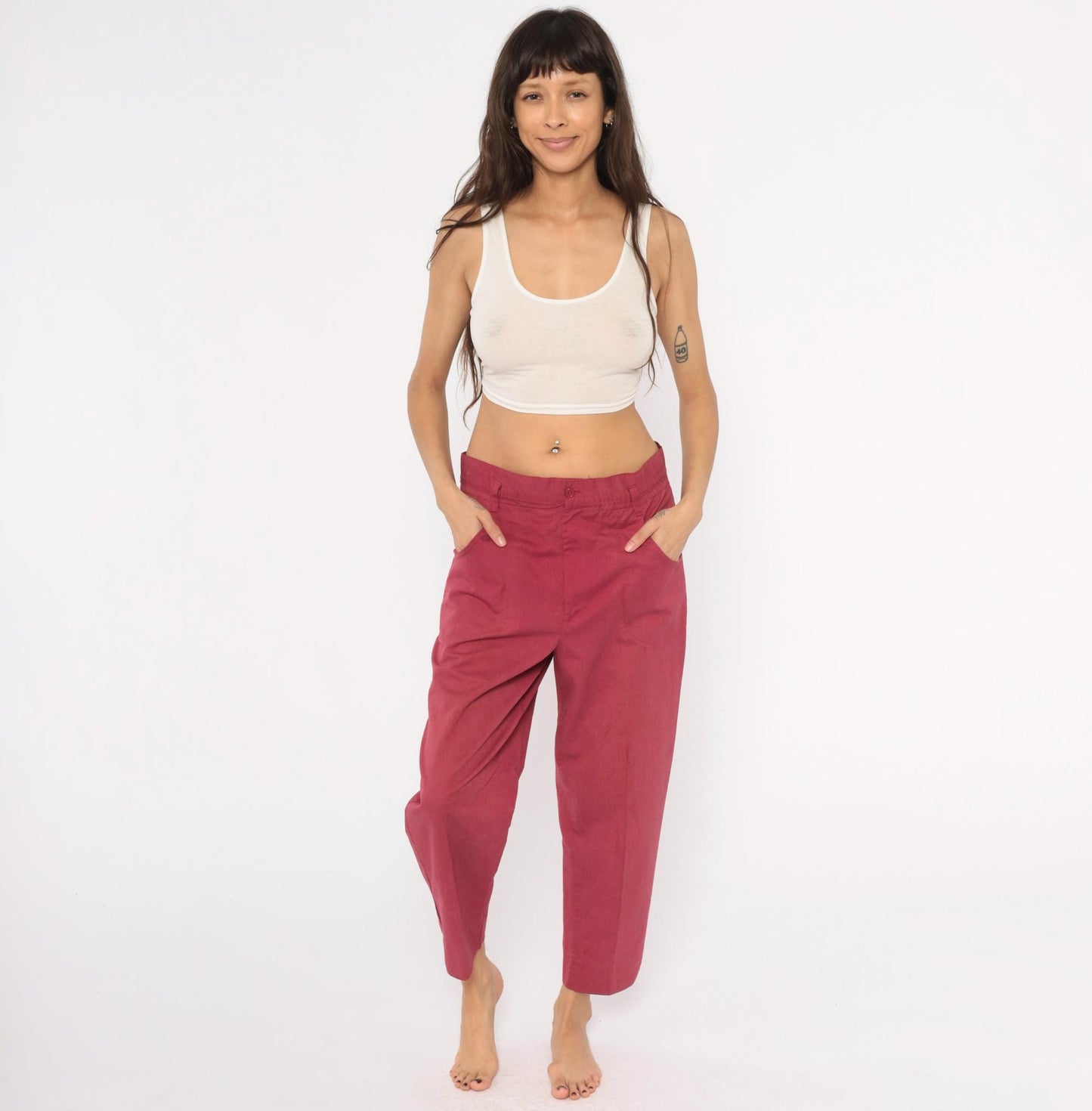 80s Double Take Burgundy Tapered Trousers Cropped Ankle Cotton Blend Women's 33