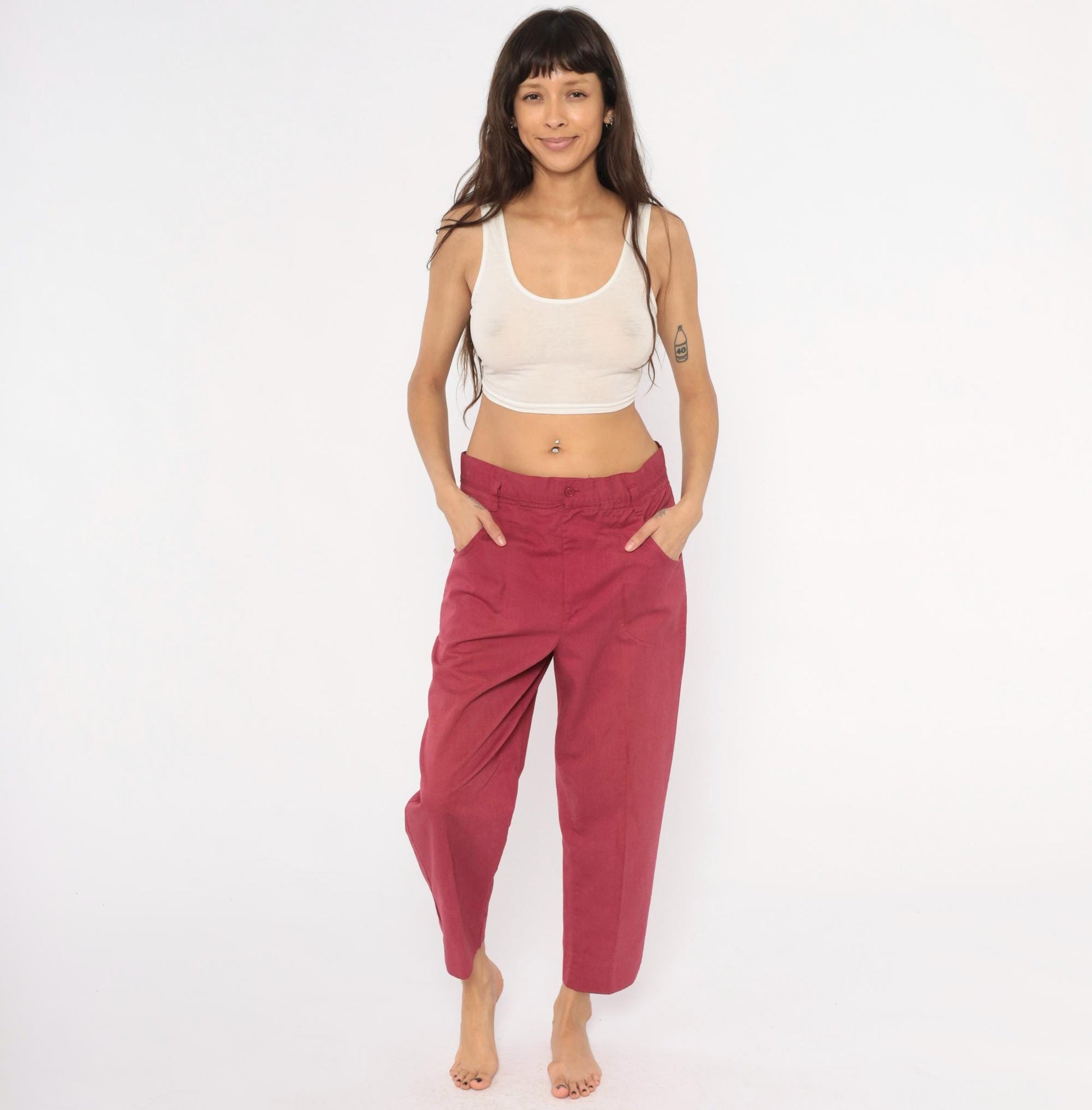 80s Double Take Burgundy Tapered Trousers Cropped Ankle Cotton Blend Women's 33