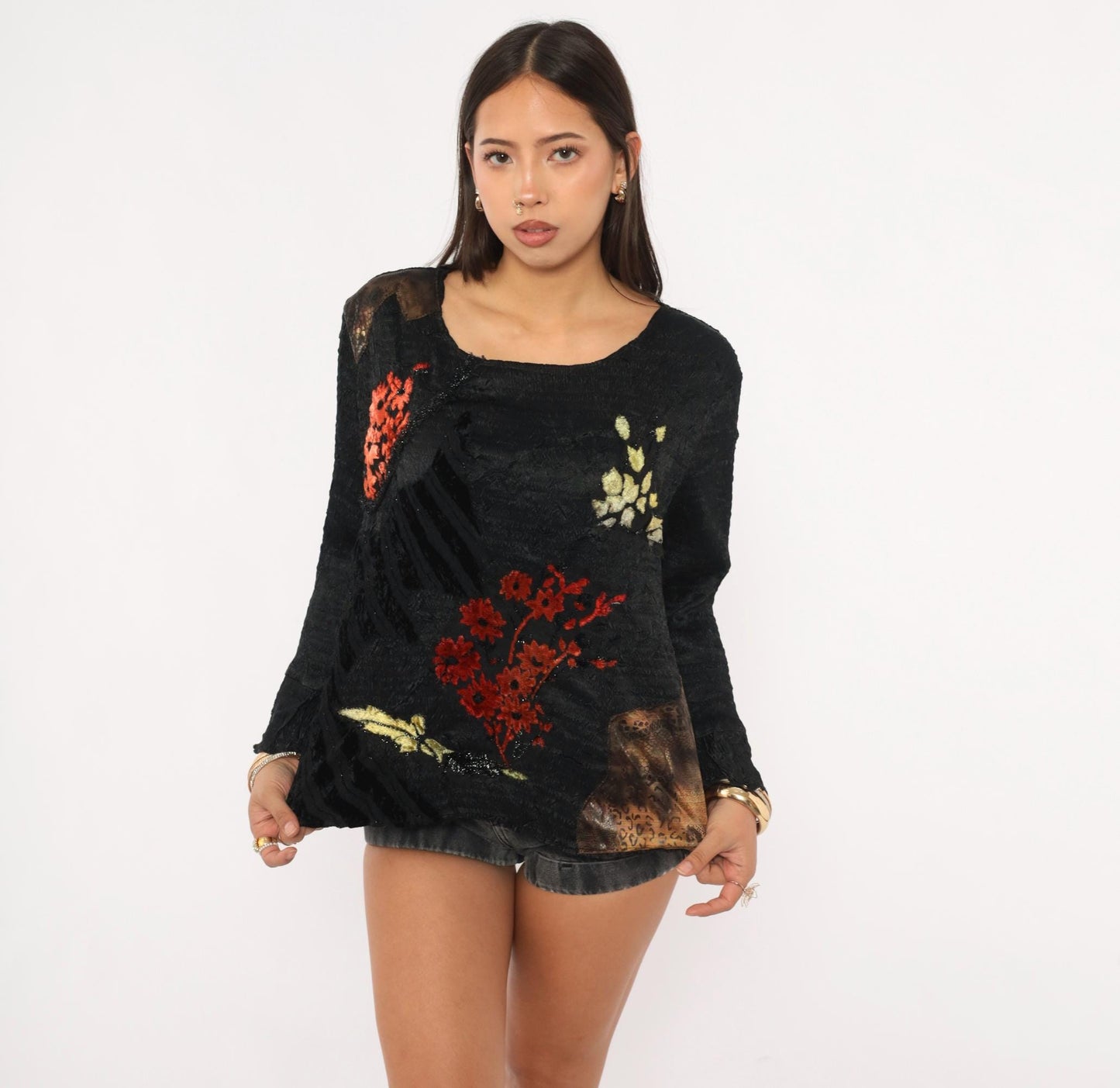 Alberto Makali 2000s Black Knit Top Red Velvet Floral Bell Sleeve Extra Large XL