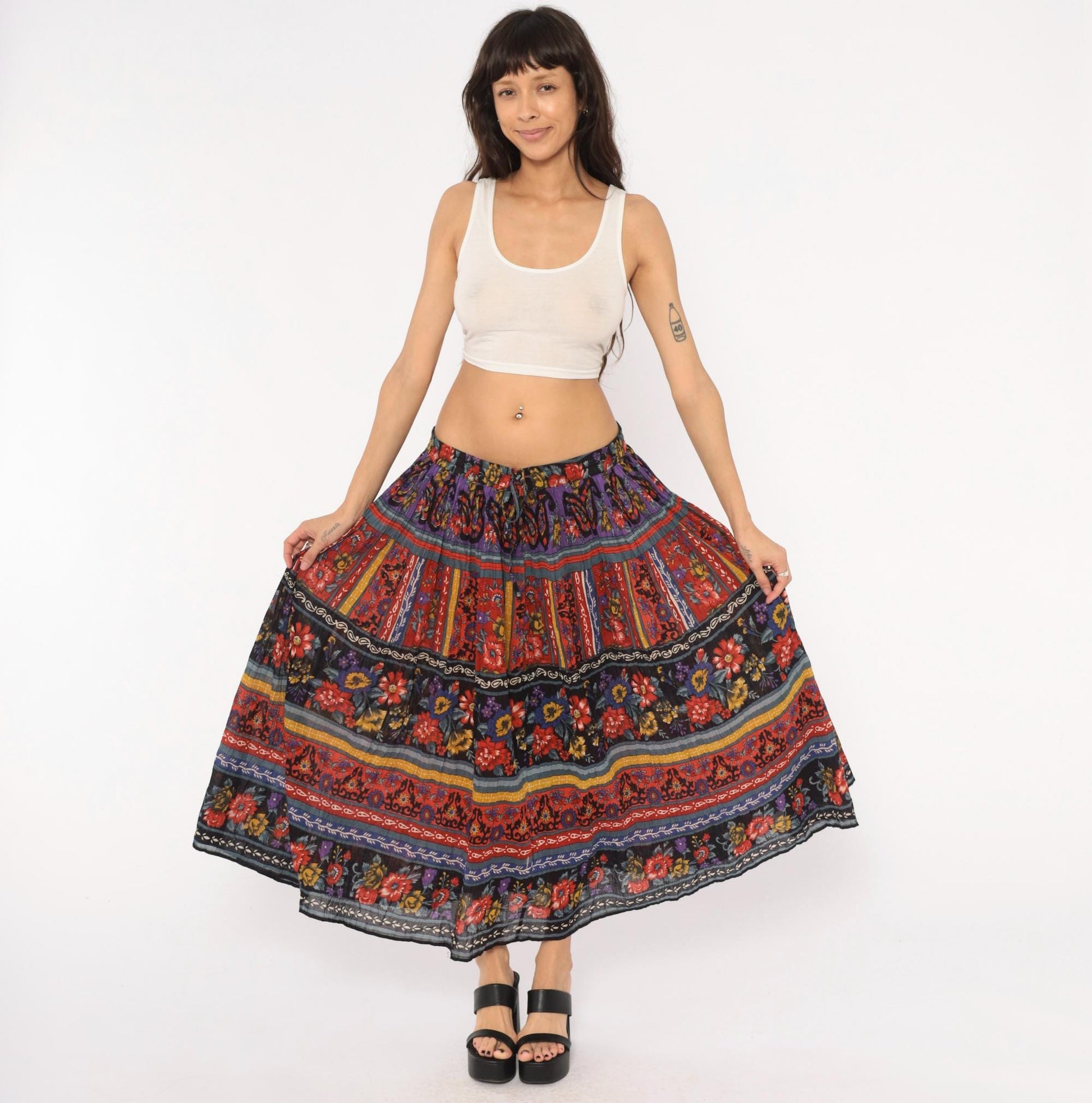 90s Phool Tiered Maxi Skirt Floral Geometric Print Cotton Plus Size 3X